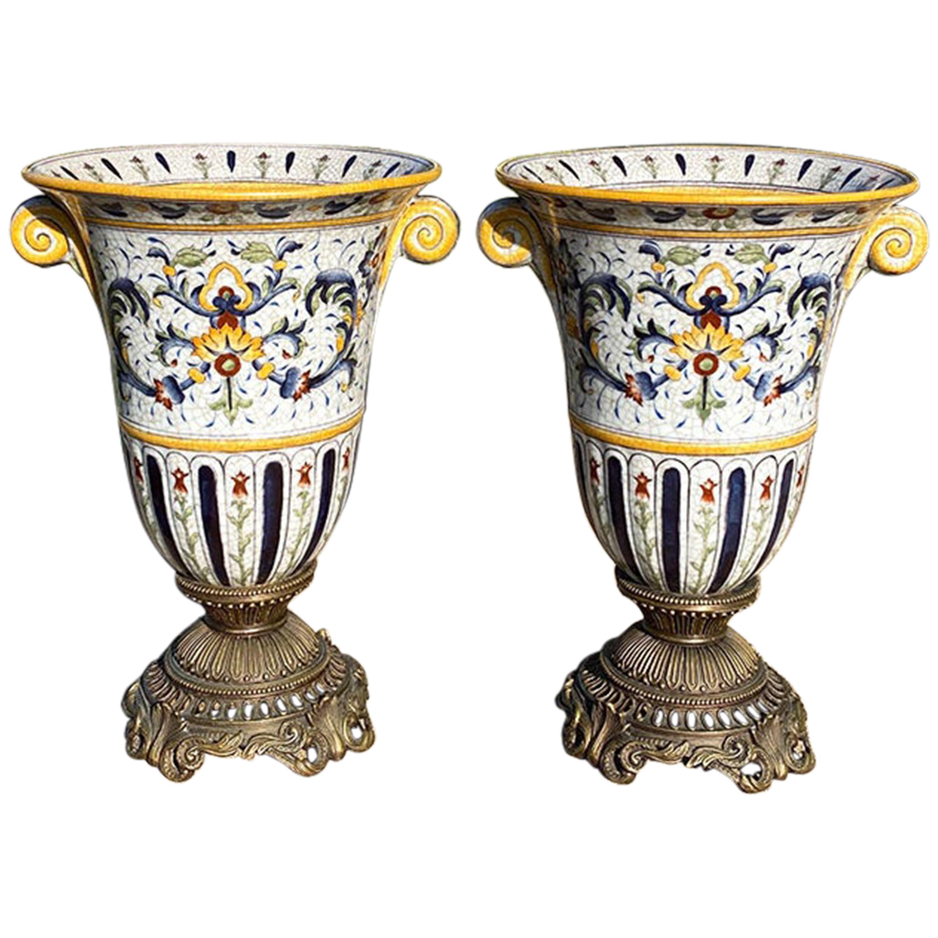 Pair of Monumental Mounted Ceramic Painted Craquelure Mounted Urns, Signed For Sale