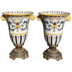 Pair of Hand-Painted Italian Faience Urns with Gilt Bronze Bases - Signed