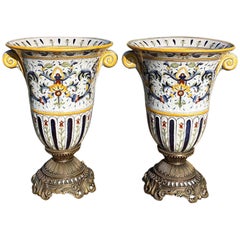 Antique Pair of Monumental Mounted Ceramic Painted Craquelure Mounted Urns, Signed