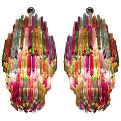 Pair of Monumental Multicolored Prism Chandeliers, Murano