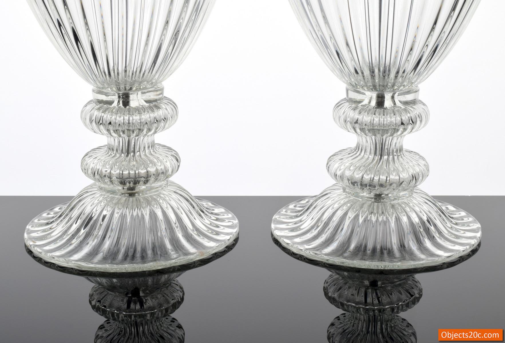 Pair of large ribbed blown glass lamps in the manner of Barovier & Toso, Murano, Italy.