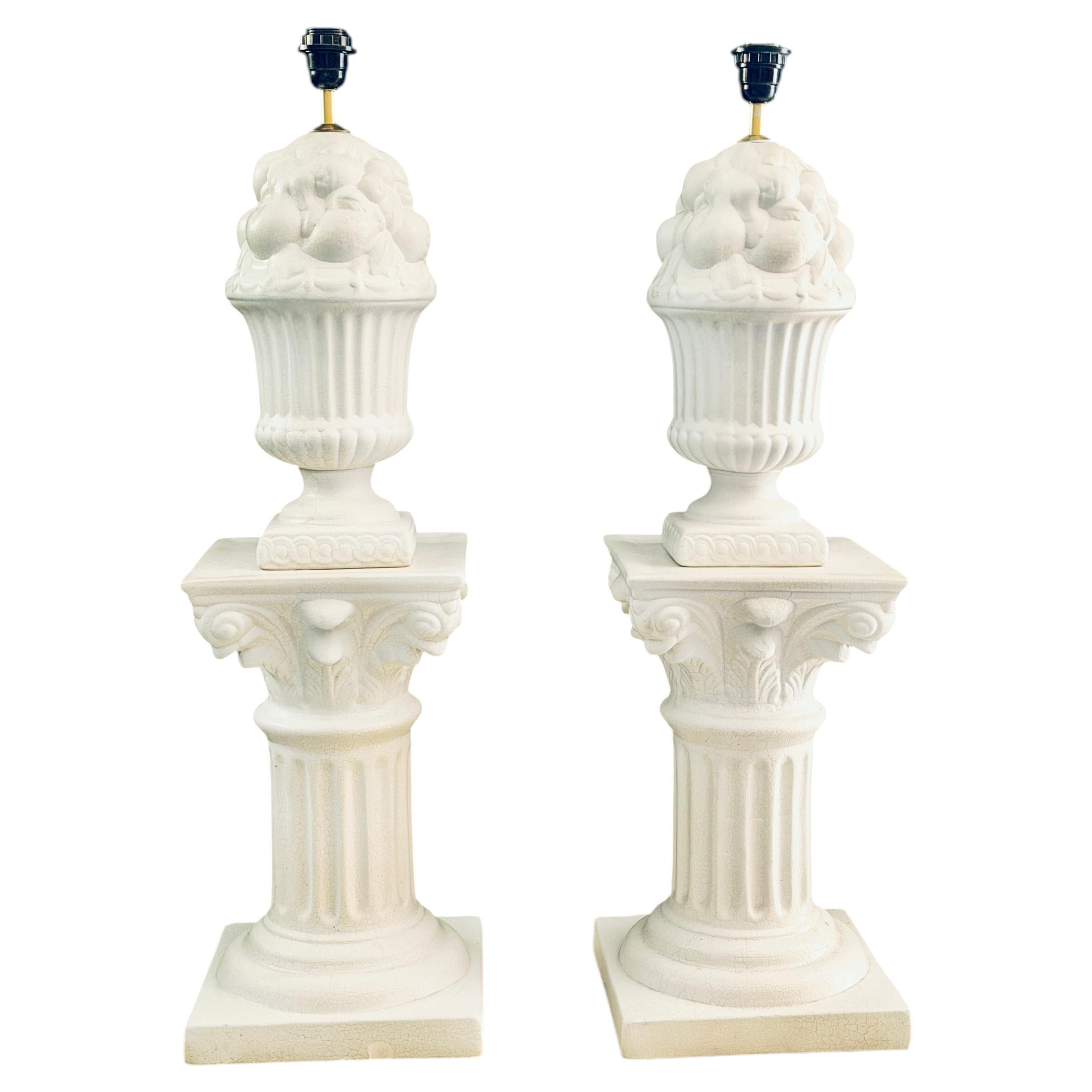 Pair of Monumental Neoclassical Corinthian Column Urn Table Lamps For Sale