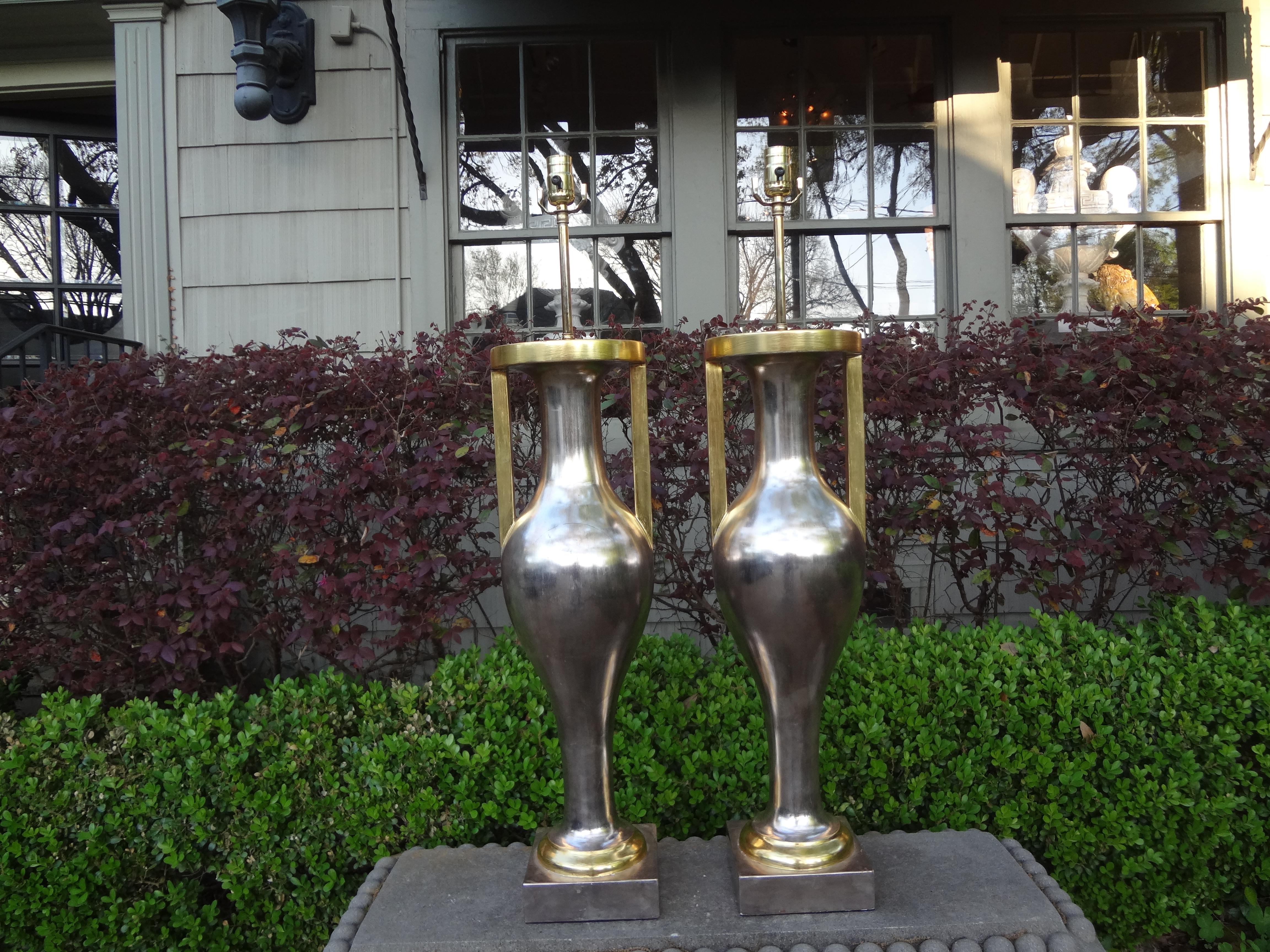 Pair of Monumental Neoclassical Style Silver and Gold Giltwood Urn Form Lamps For Sale 7