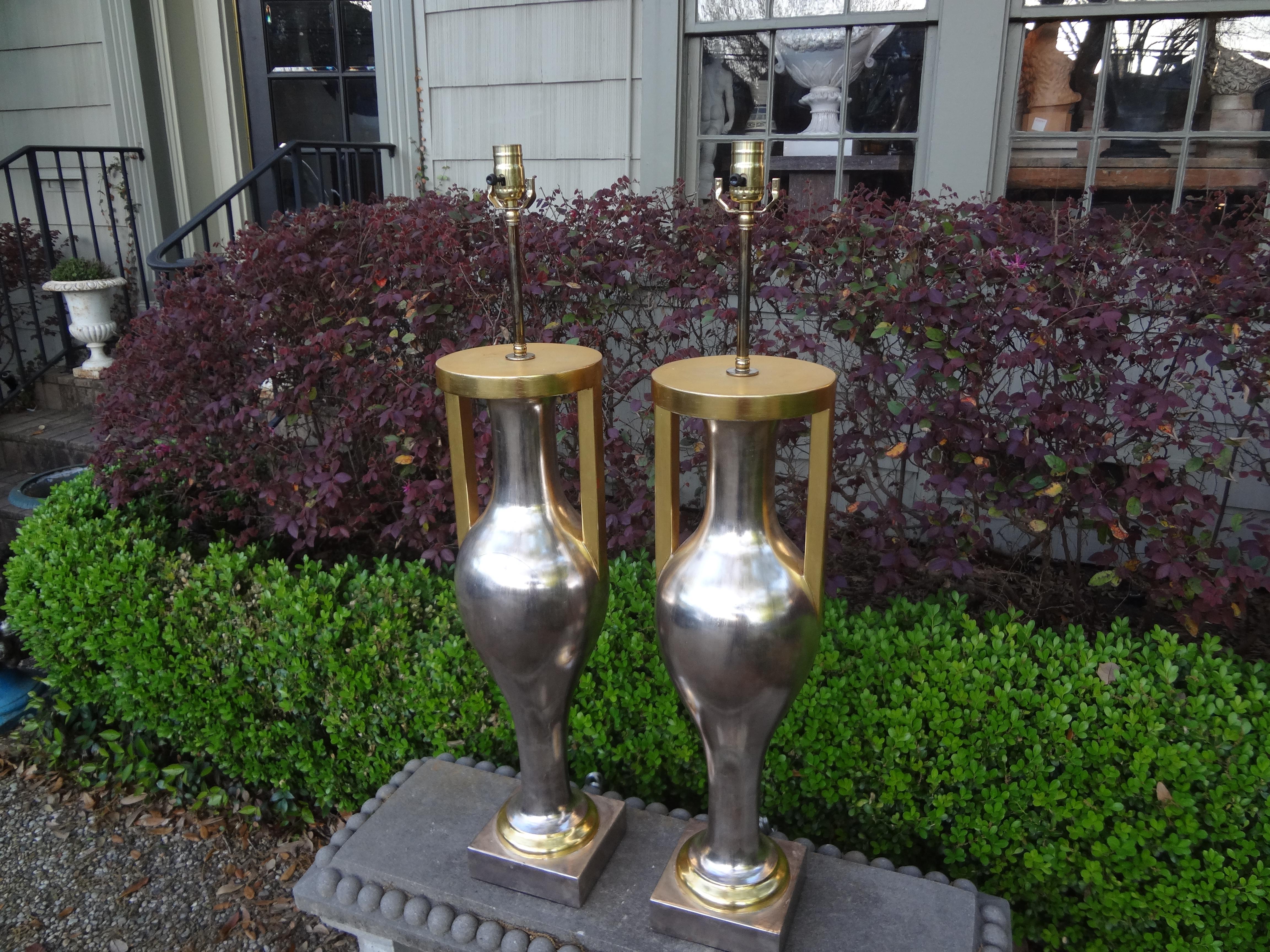 Pair of Monumental Neoclassical Style Silver and Gold Giltwood Urn Form Lamps For Sale 8