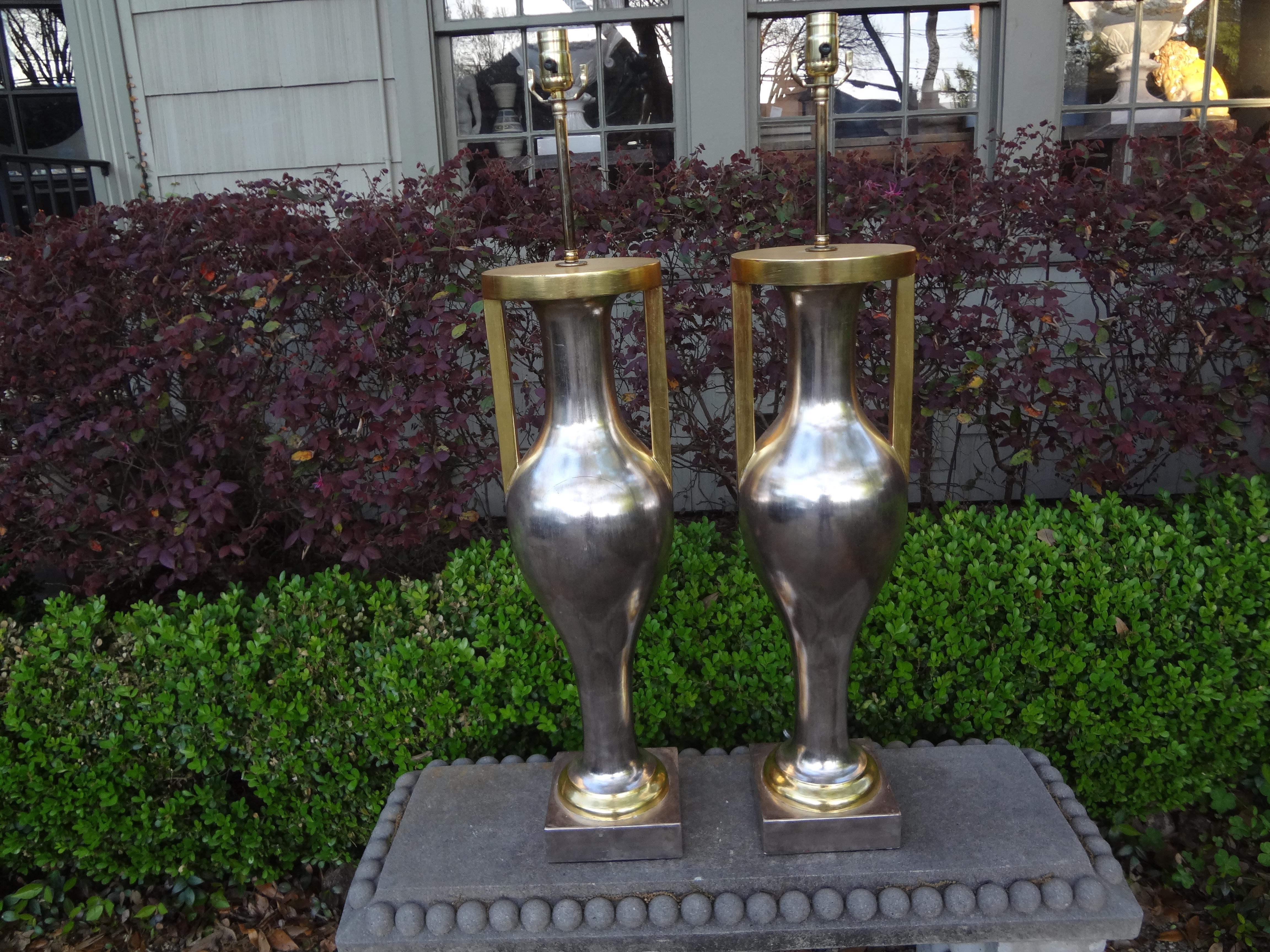 Pair of Monumental Neoclassical Style Silver and Gold Giltwood Urn Form Lamps For Sale 1