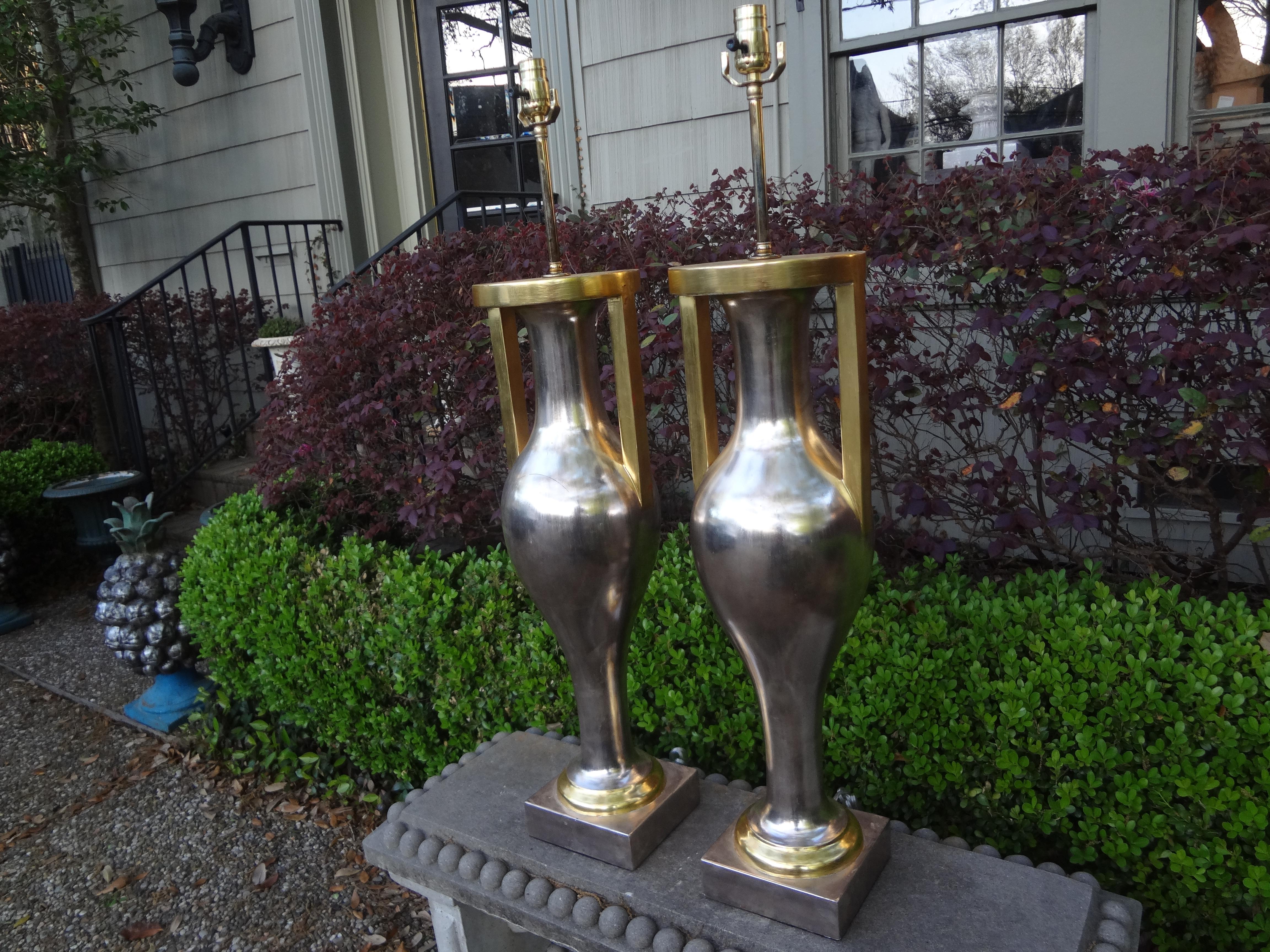 Pair of Monumental Neoclassical Style Silver and Gold Giltwood Urn Form Lamps For Sale 2