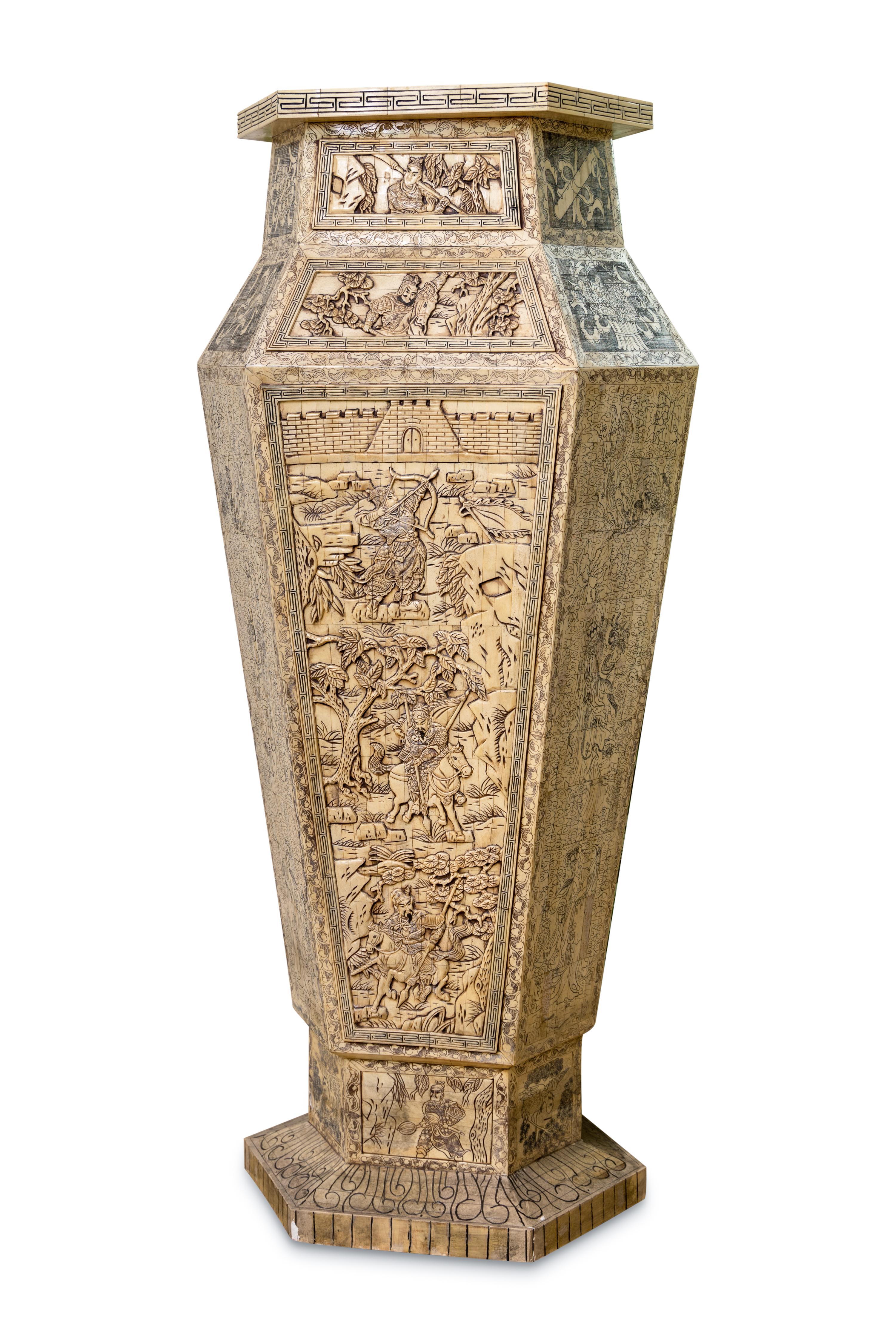 Carved Pair of Monumental Oversized Bone Pedestals With Intricate Detail Design For Sale