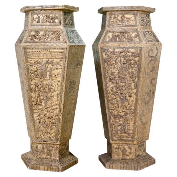 Pair of Monumental Oversized Bone Pedestals With Intricate Detail Design For Sale