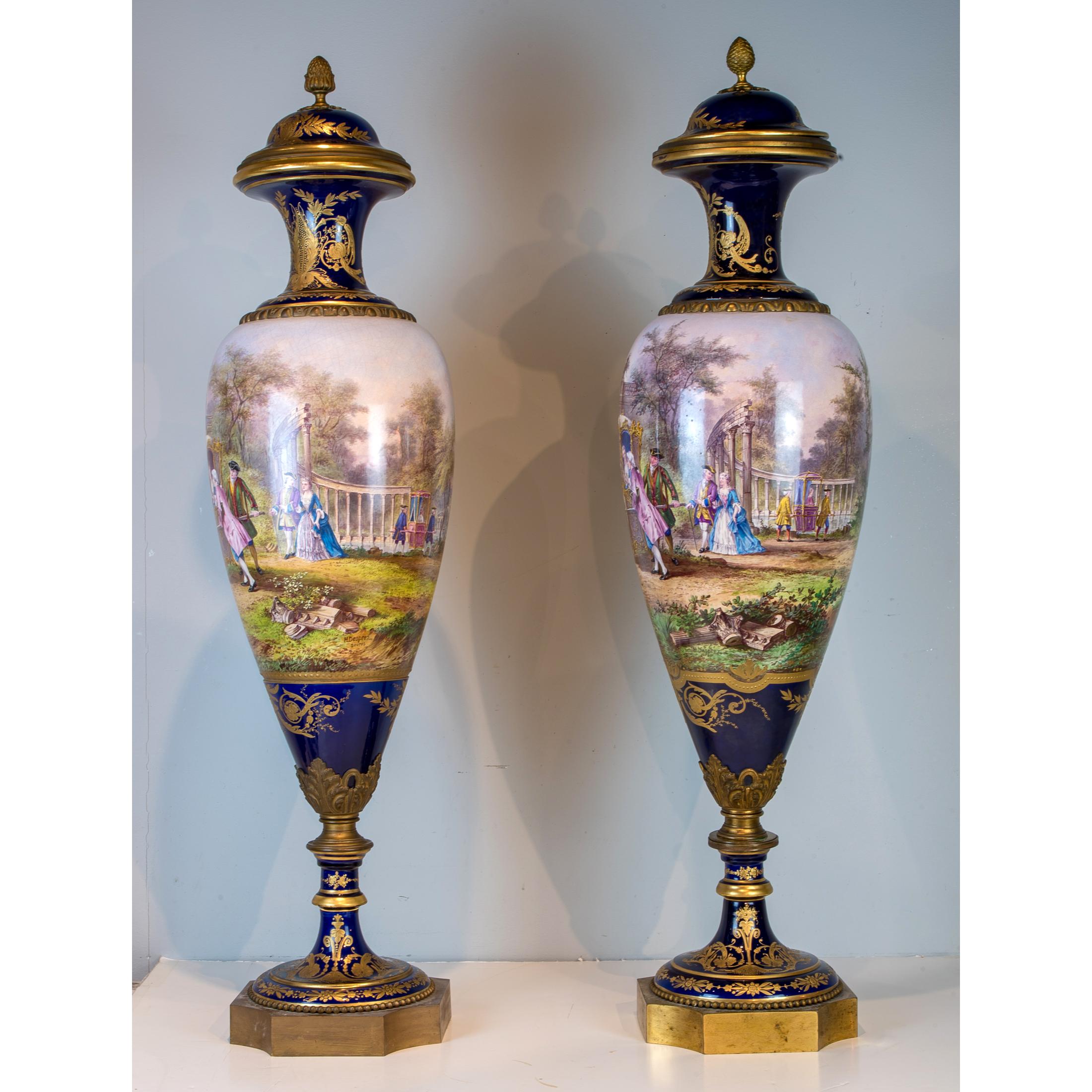 French Pair of Monumental Painted Sèvres Porcelain Vase and Cover For Sale
