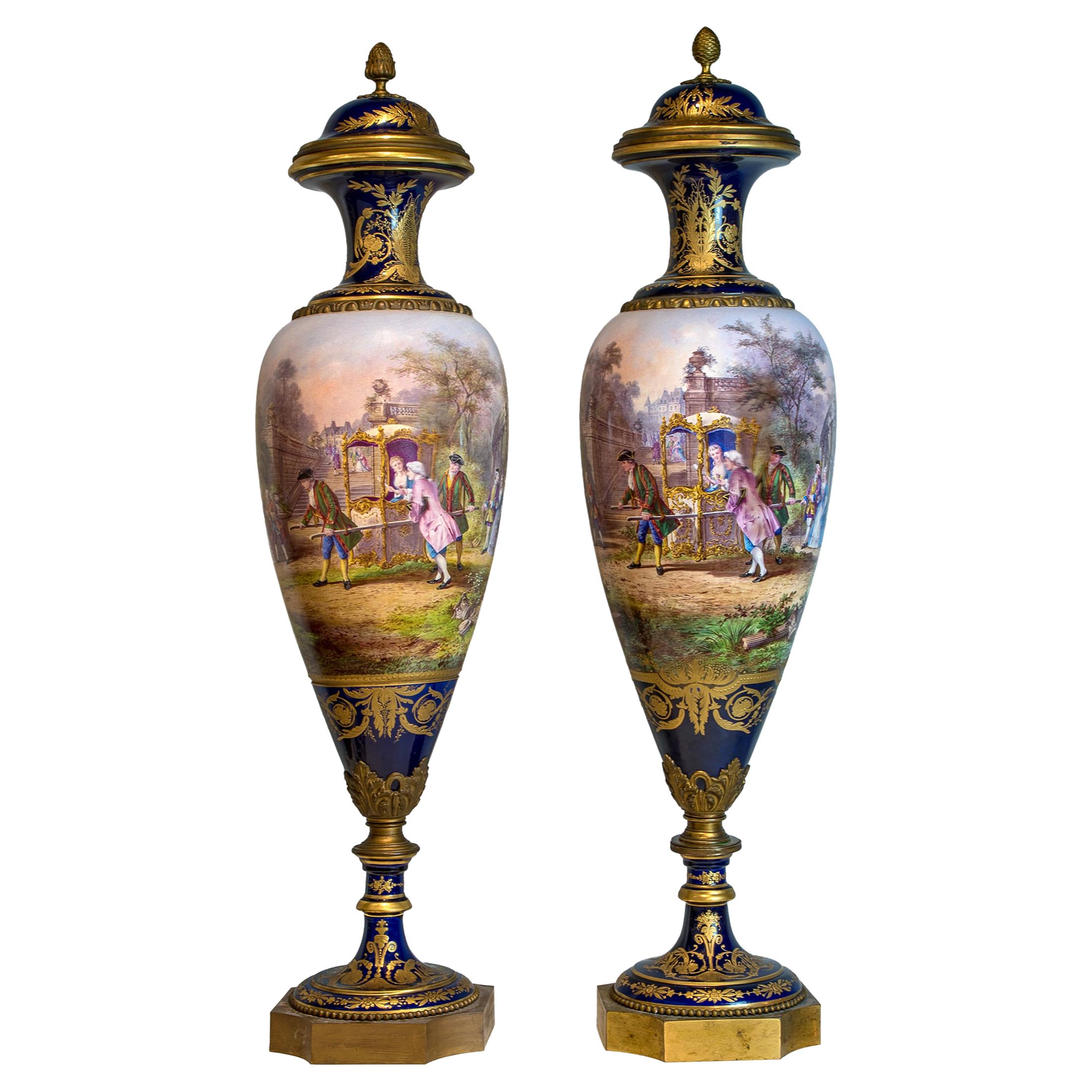 Pair of Monumental Painted Sèvres Porcelain Vase and Cover For Sale