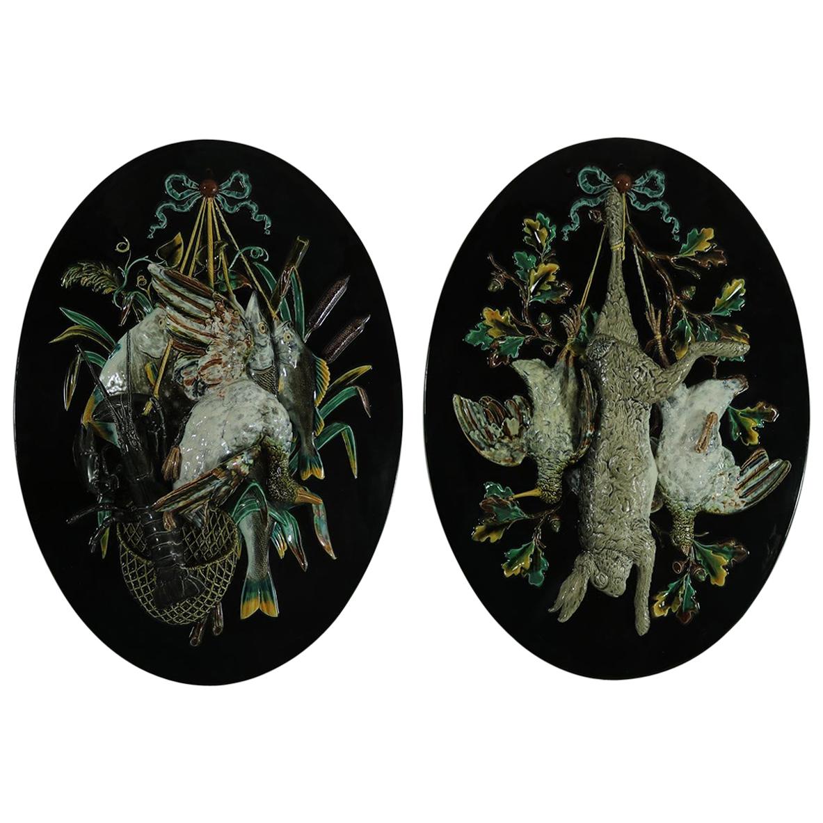 Pair of Monumental Palissy Majolica Game Wall Plaques