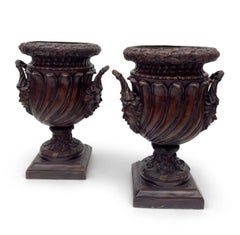 Pair of Monumental Patinated Bronze Urns with Mascarons, Italy