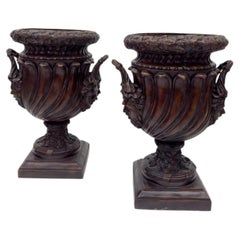 Pair of Monumental Patinated Bronze Urns with Mascarons, Italy