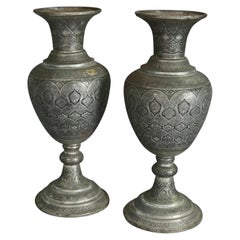 Pair of Monumental Persian Hand-Hammered Nickel-Plated Floor Urns, 19th Century