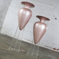 Pair of Monumental Pink Fiberglass Floor Urn Vases on Lucite Stands Vintage