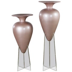 Pair of Monumental Pink Fiberglass Floor Urn Vases on Lucite Stands Vintage