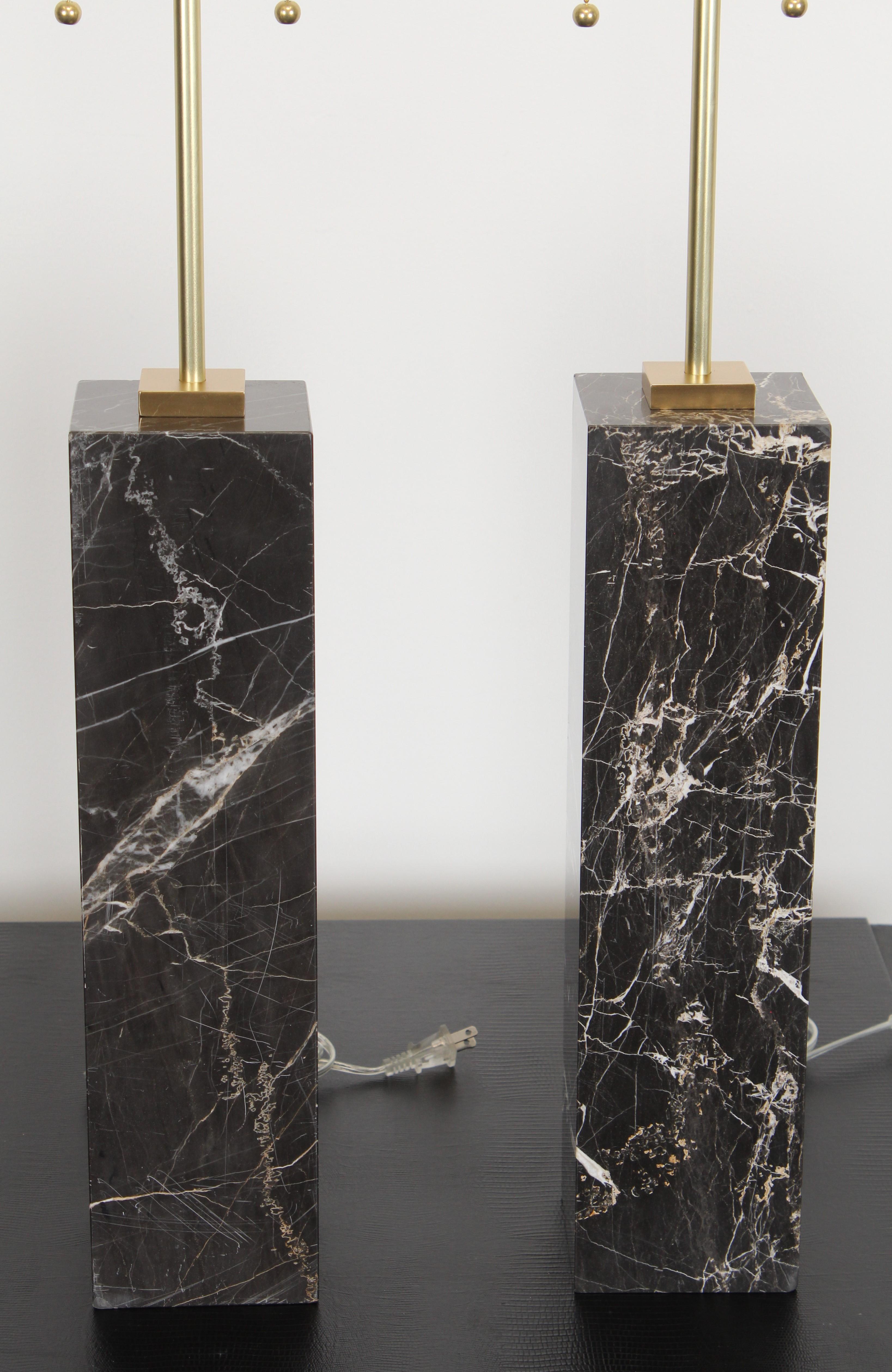 Brass Pair of Monumental Robsjohn Gibbings Style Black Marble Lamps, 1960s