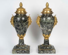 Pair of Monumental Sea Green Marble and Gilded Bronze Cassolettes