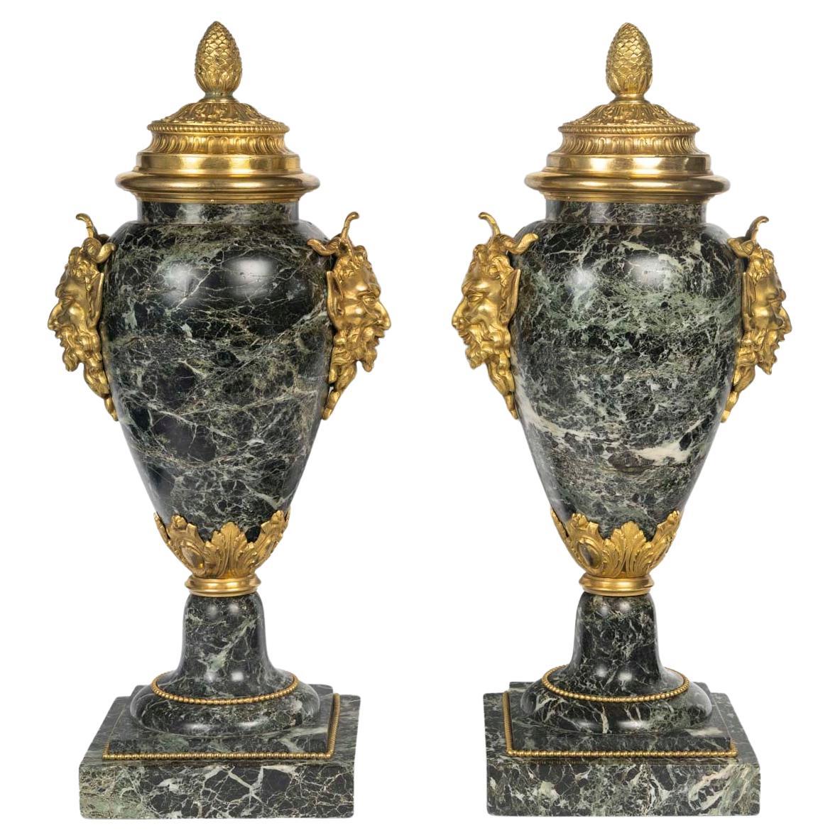 Pair of Monumental Sea Green Marble and Gilded Bronze Cassolettes For Sale