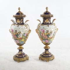 Pair of Monumental Sevres Hand Painted & Gilt Porcelain Garden Urns 20thC