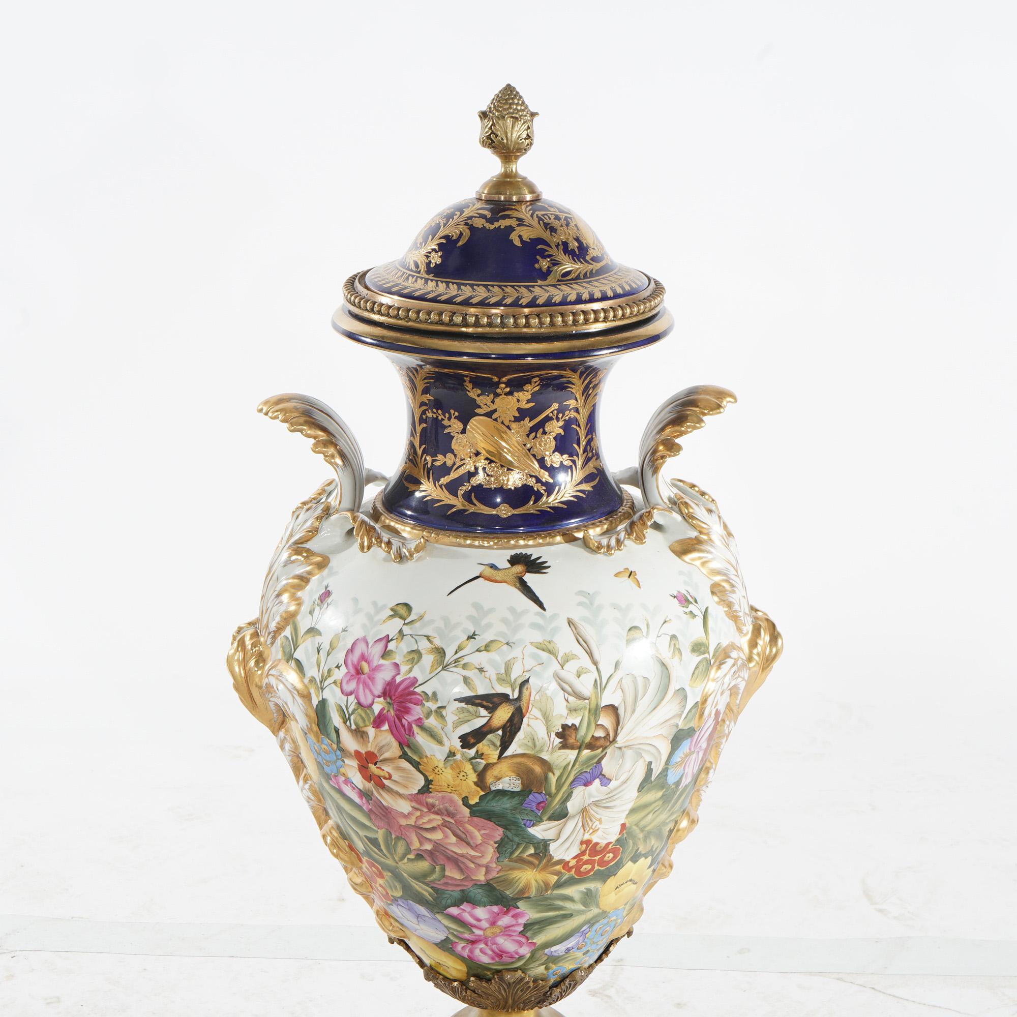 French Pair of Monumental Sevres Hand Painted & Gilt Porcelain Garden Urns 20thC For Sale