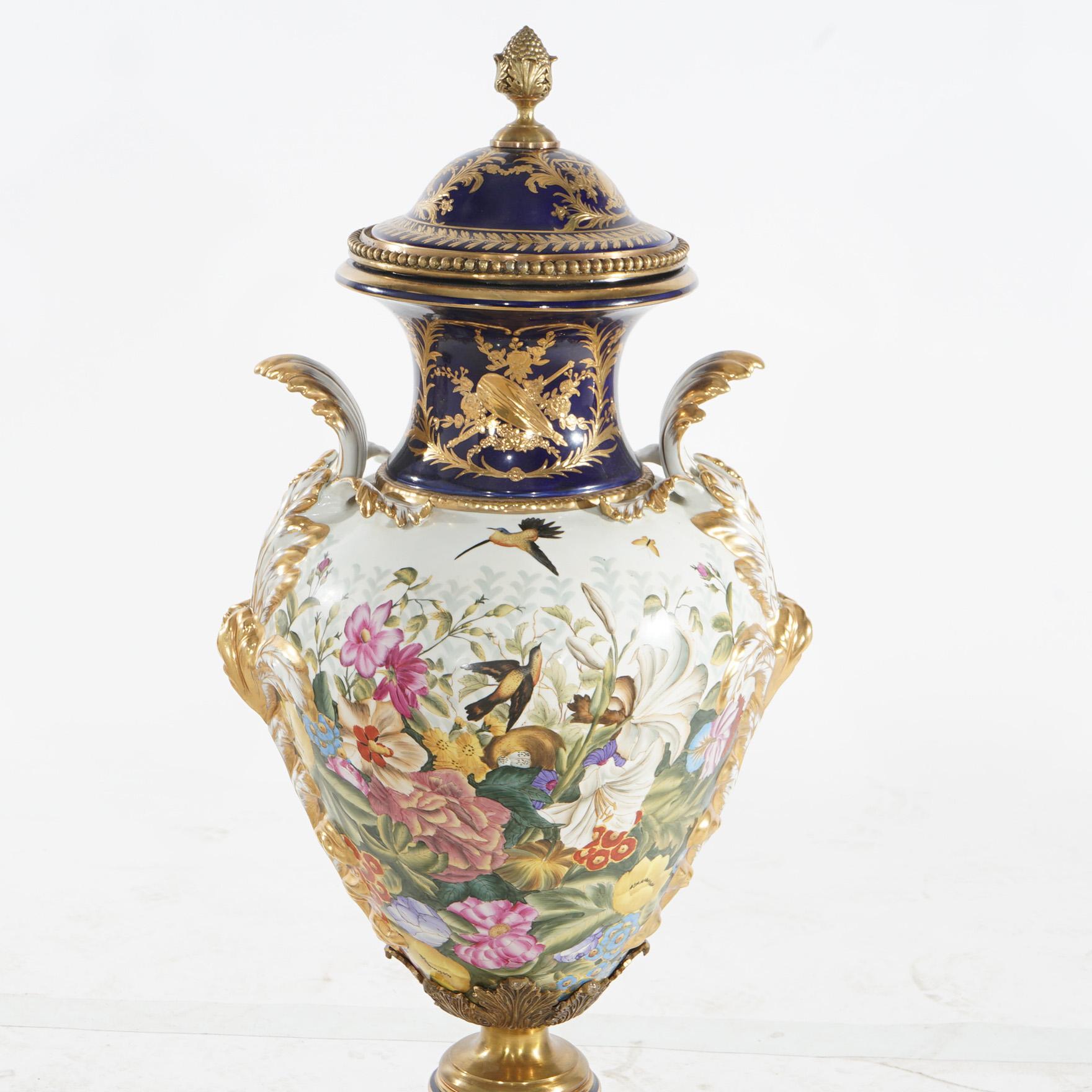 Pair of Monumental Sevres Hand Painted & Gilt Porcelain Garden Urns 20thC In Good Condition For Sale In Big Flats, NY