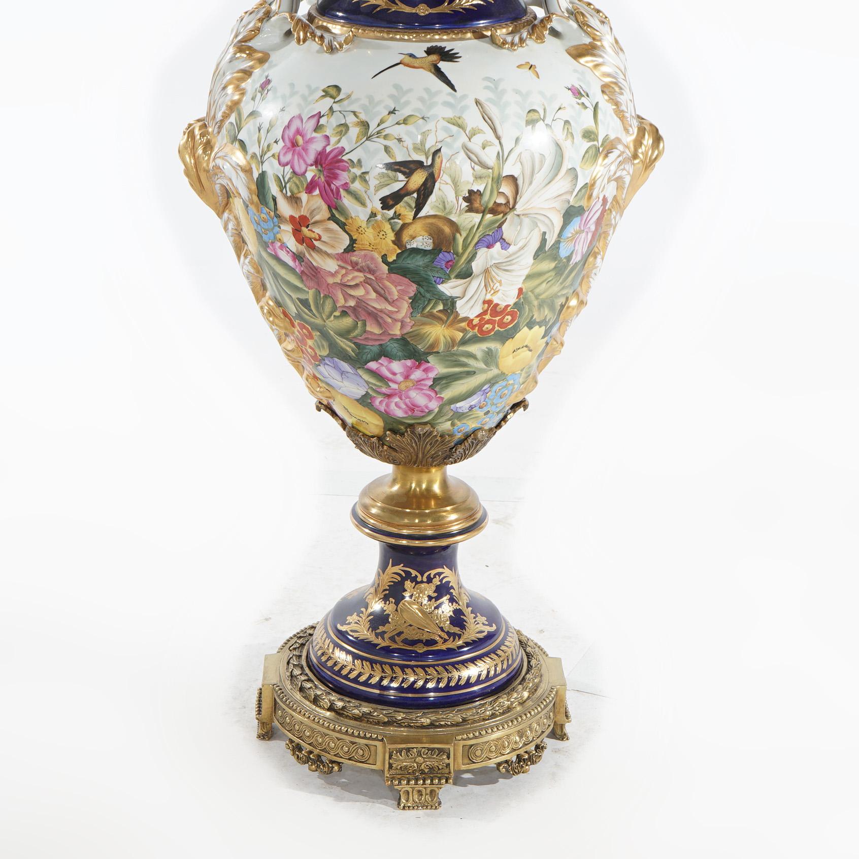 20th Century Pair of Monumental Sevres Hand Painted & Gilt Porcelain Garden Urns 20thC For Sale