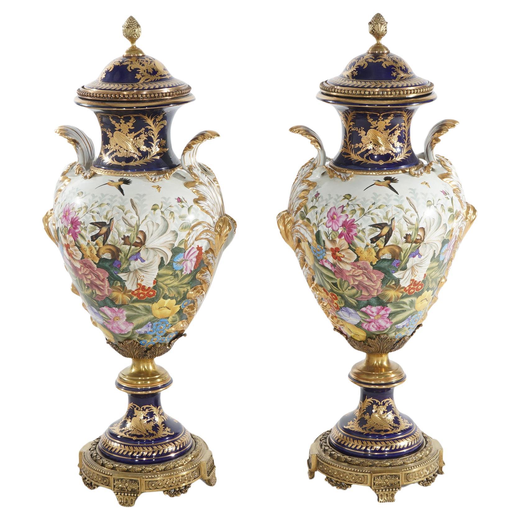 Pair of Monumental Sevres Hand Painted & Gilt Porcelain Garden Urns 20thC For Sale