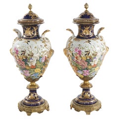 Pair of Monumental Sevres Hand Painted & Gilt Porcelain Garden Urns 20thC