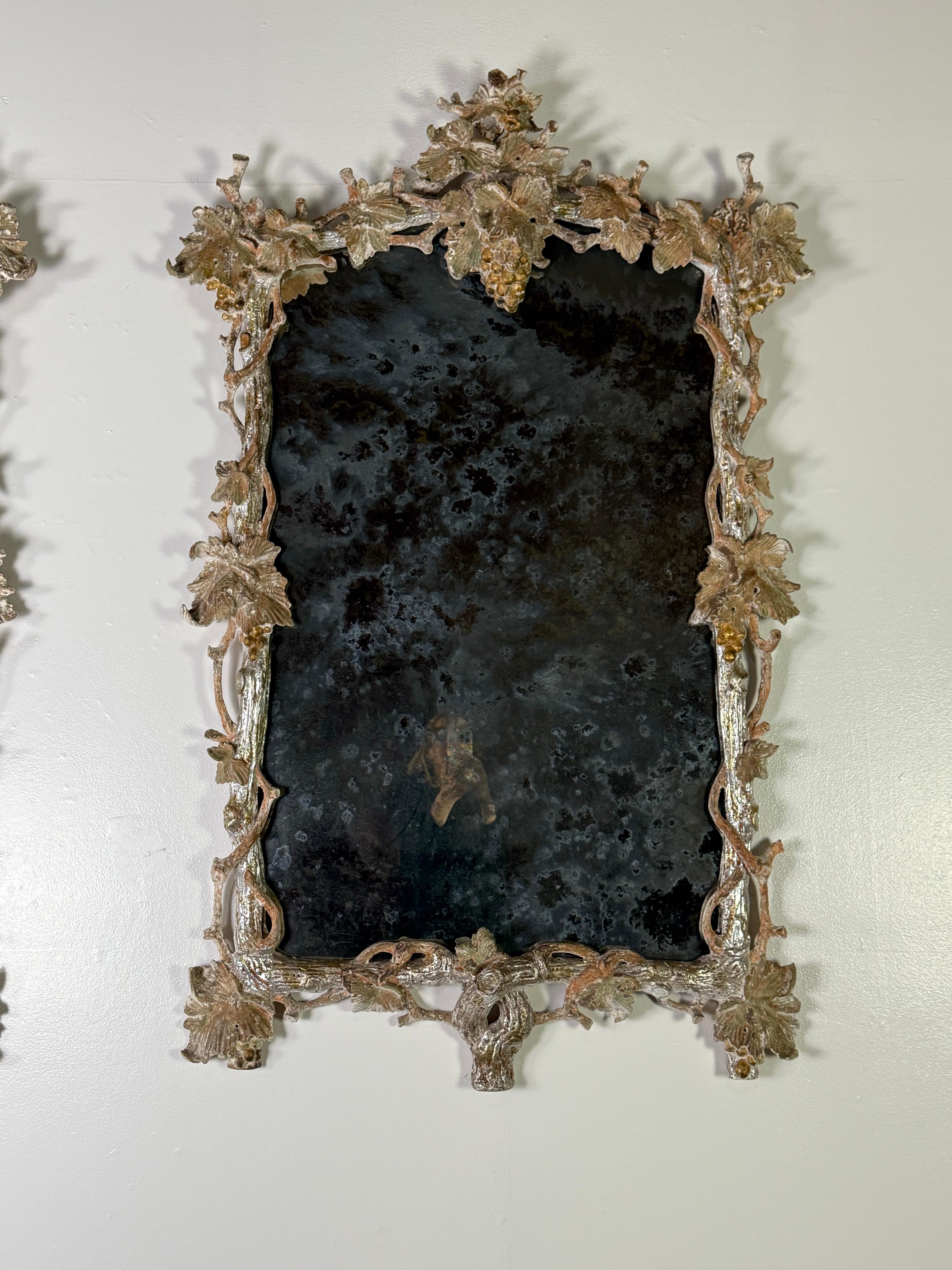 Italian Pair of Monumental Silvered Carved Vine Mirrors For Sale