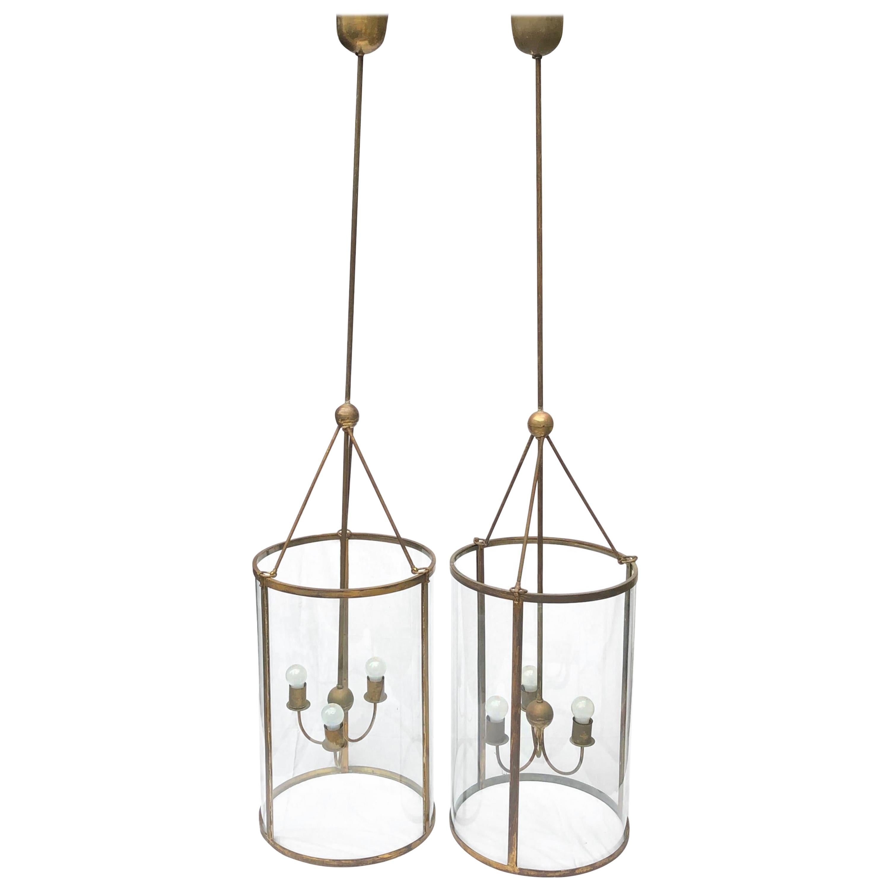 Pair of Monumental Size Brass and Glass Art Deco Chandeliers Vintage, German