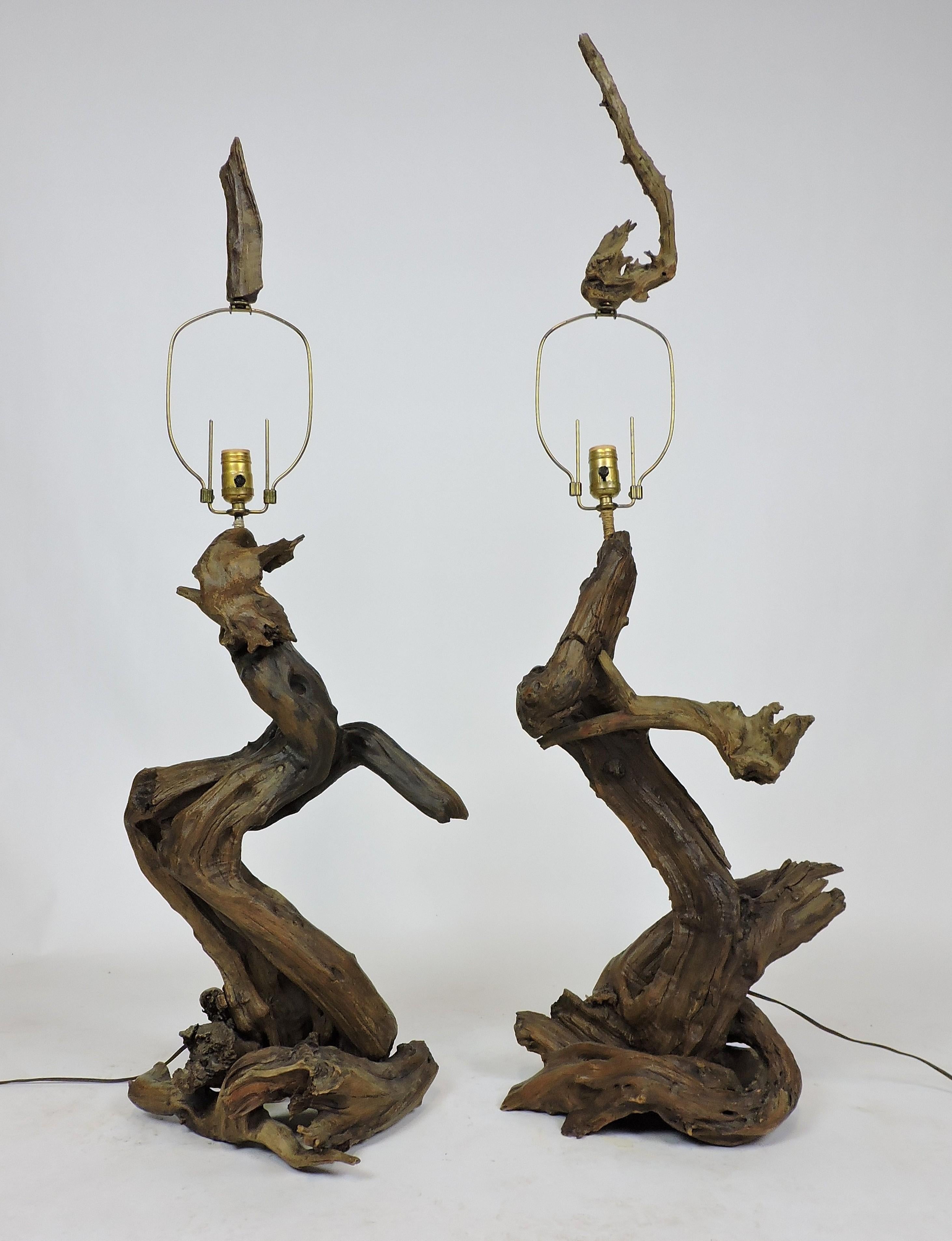 American Pair of Monumental Size Mid-Century Modern Sculptural Driftwood Lamps