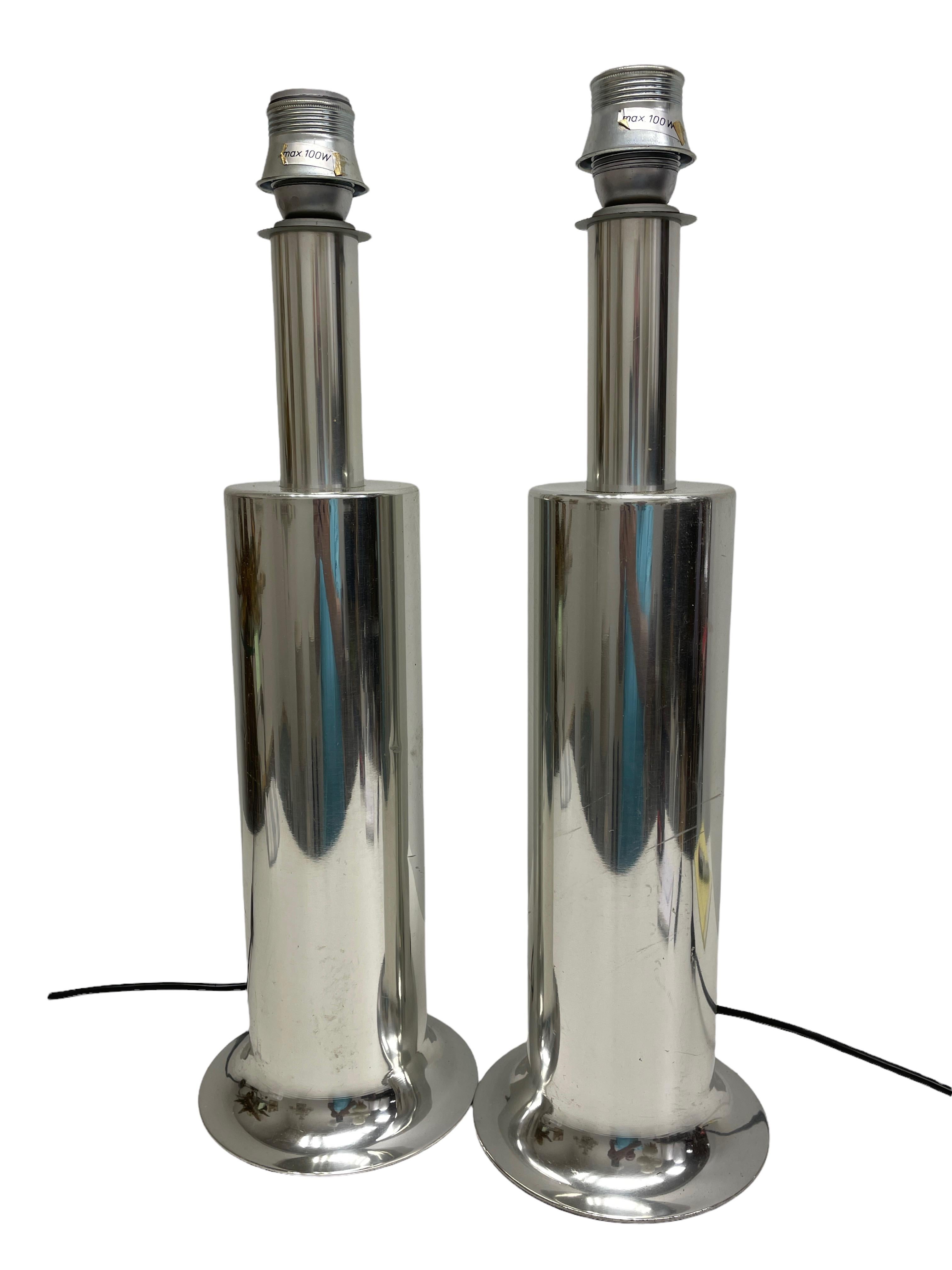 A pair of beautiful large monumental table lamp foots or side table lamps. Made of aluminum by Doria Leuchten, Germany. Each one of them requires one European E27 / 110 Volt Edison bulb, up to 100 watts. It comes without a shade, so you can get your