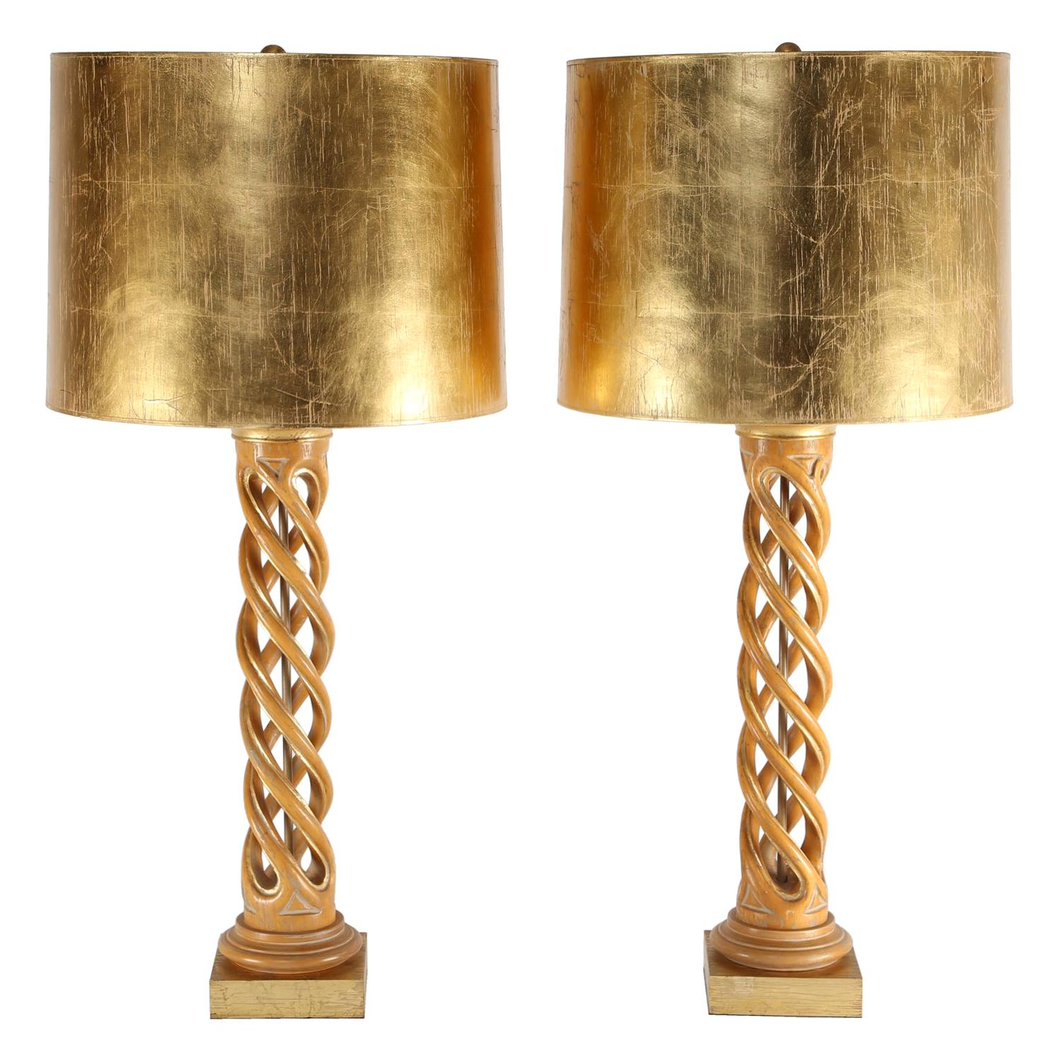 Pair of Monumental Table Lamps in Bleached Mahogany with Gilt Shades, 1950s