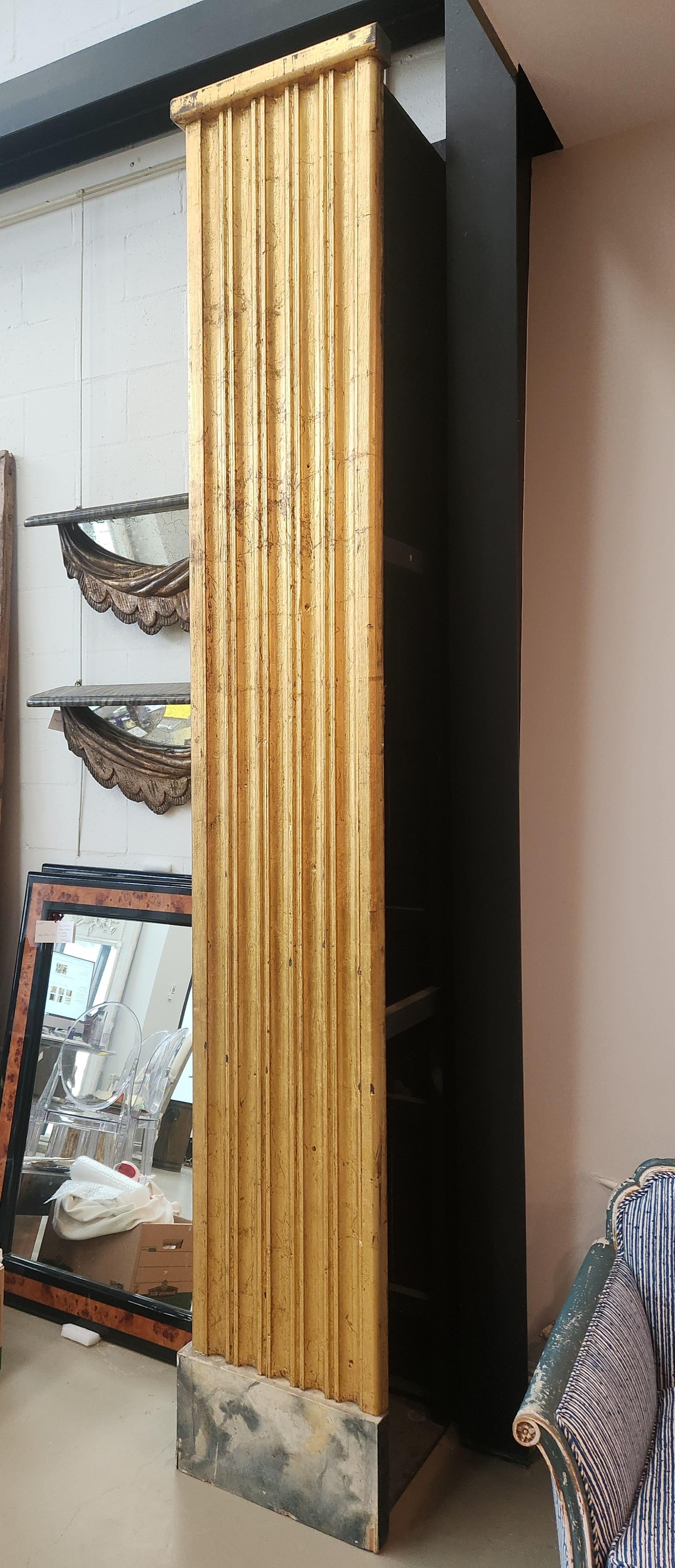 Pair of Monumental Three-Sided Giltwood Fluted Columns with Faux-Marble Bases For Sale 3