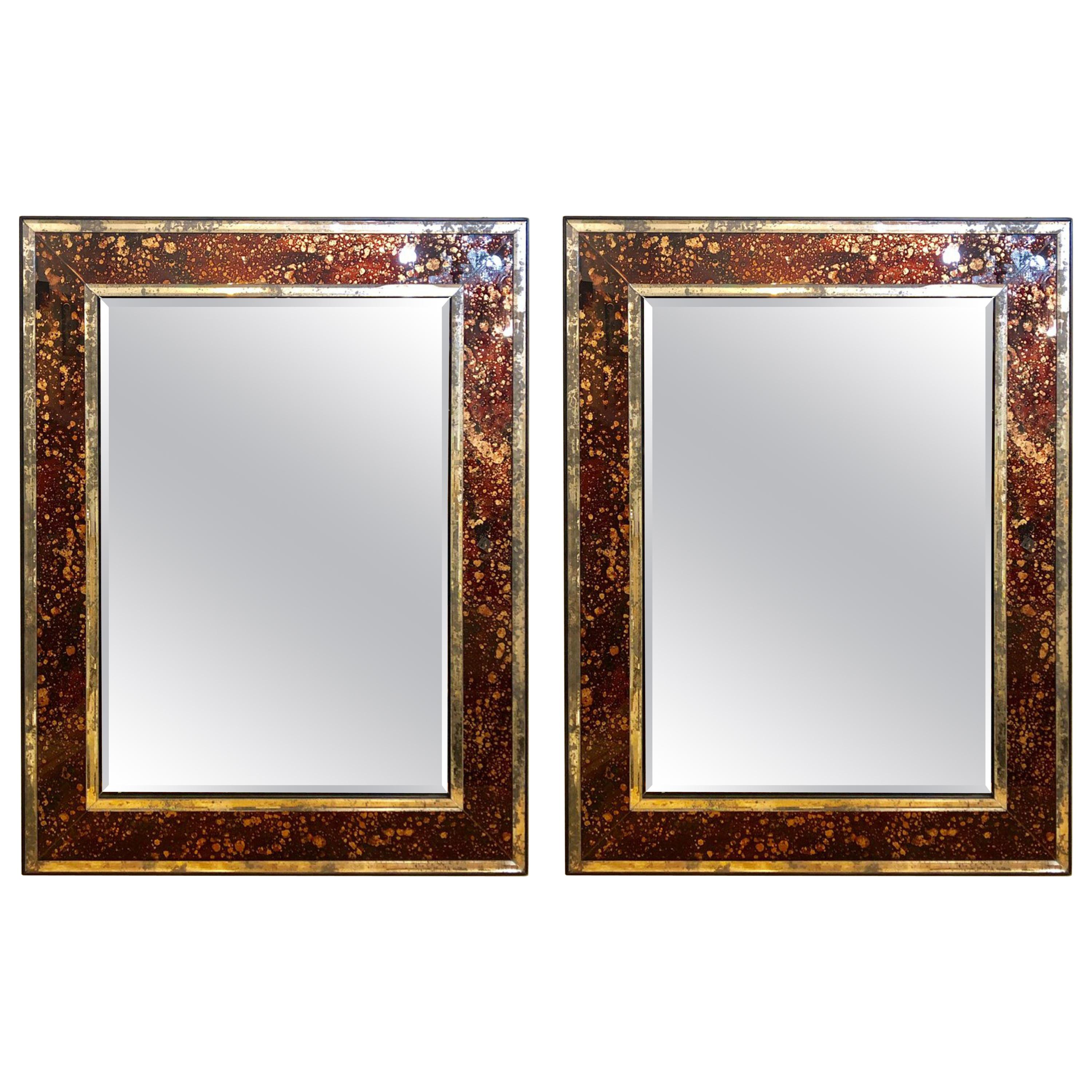 Pair of Monumental Tortoise Shell Beveled Bordered Console or Wall Mirrors