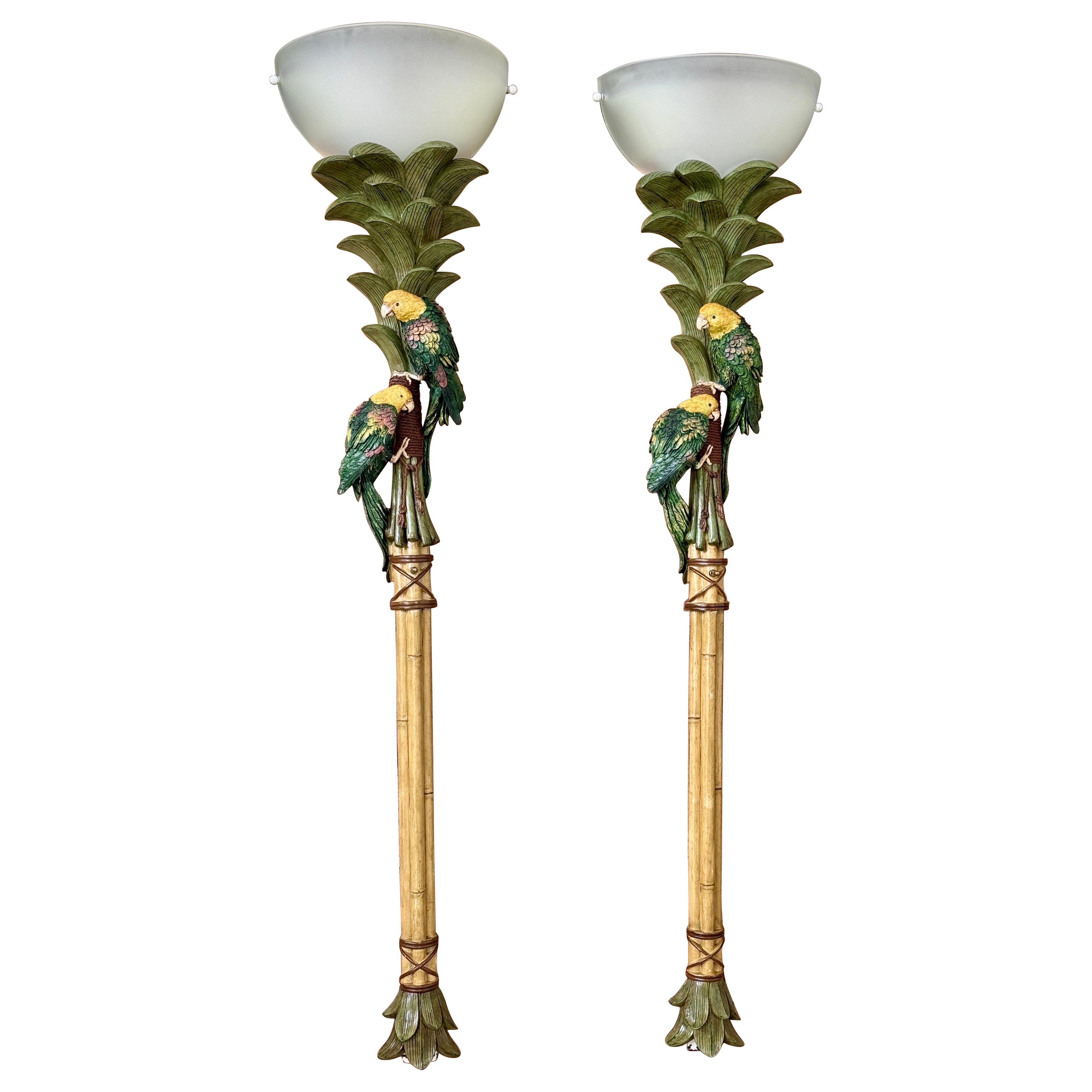 Pair of Monumental Tropical Parrot Palm Tree Wall Torchieres For Sale