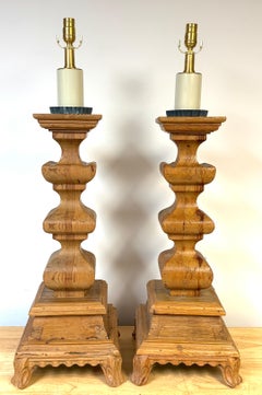 Pair of Monumental Tuscan Carved Pine Column Table Lamps, Rewired