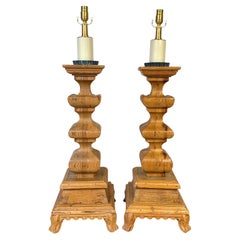 Pair of Monumental Tuscan Carved Pine Column Table Lamps, Rewired