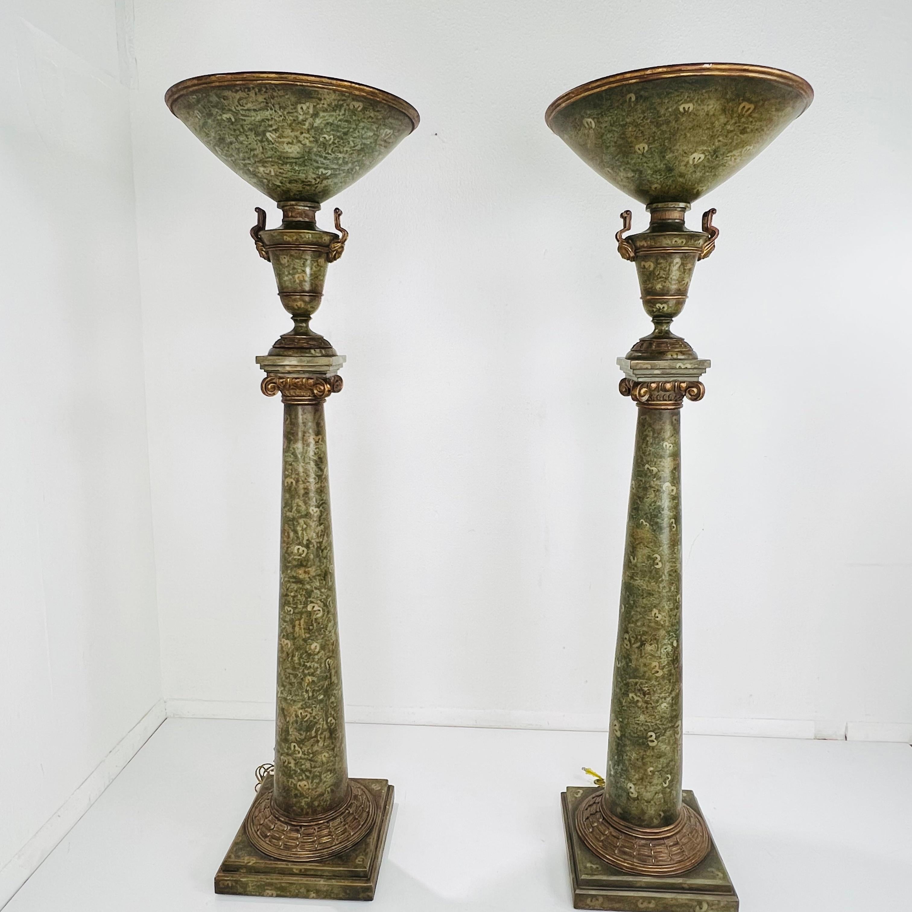 Hand-Painted Pair of Monumental Venetian Torchiere Floor Lamps For Sale