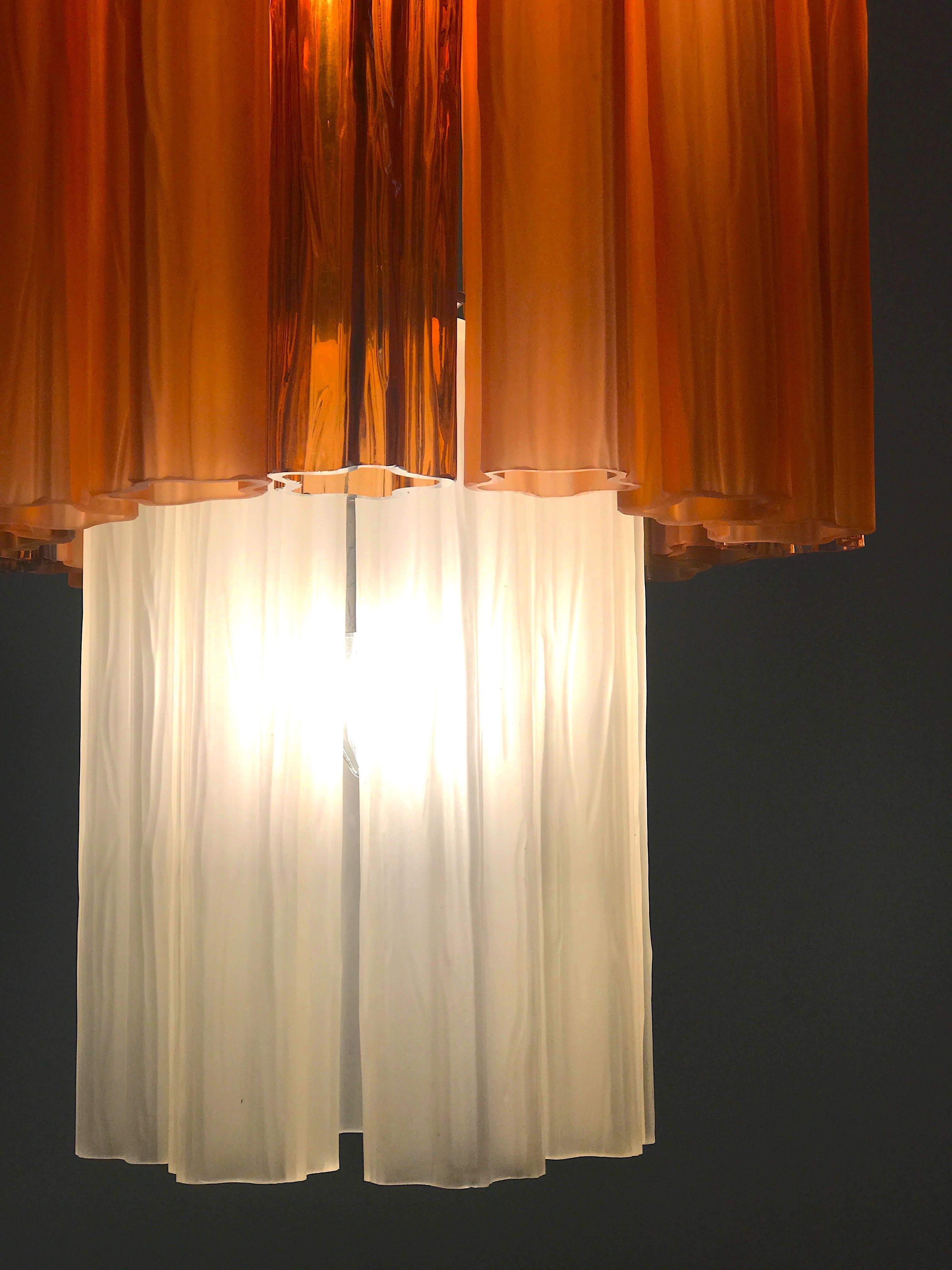 Blown Glass Pair of Monumental Venini Amber and Ice Matt Murano Glass Chandeliers, 1970