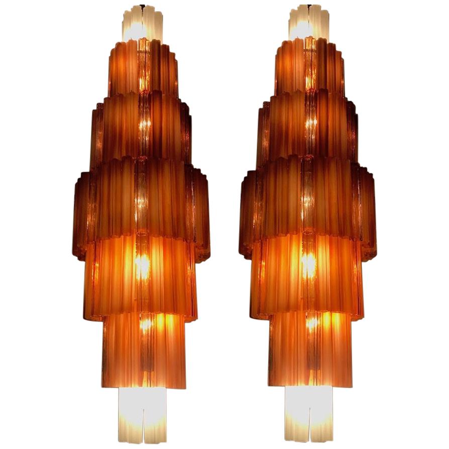 Pair of Monumental Venini Amber and Ice Matt Murano Glass Chandeliers, 1970