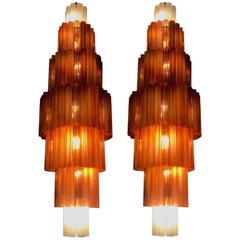 Pair of Monumental Venini Amber and Ice Matt Murano Glass Chandeliers, 1970