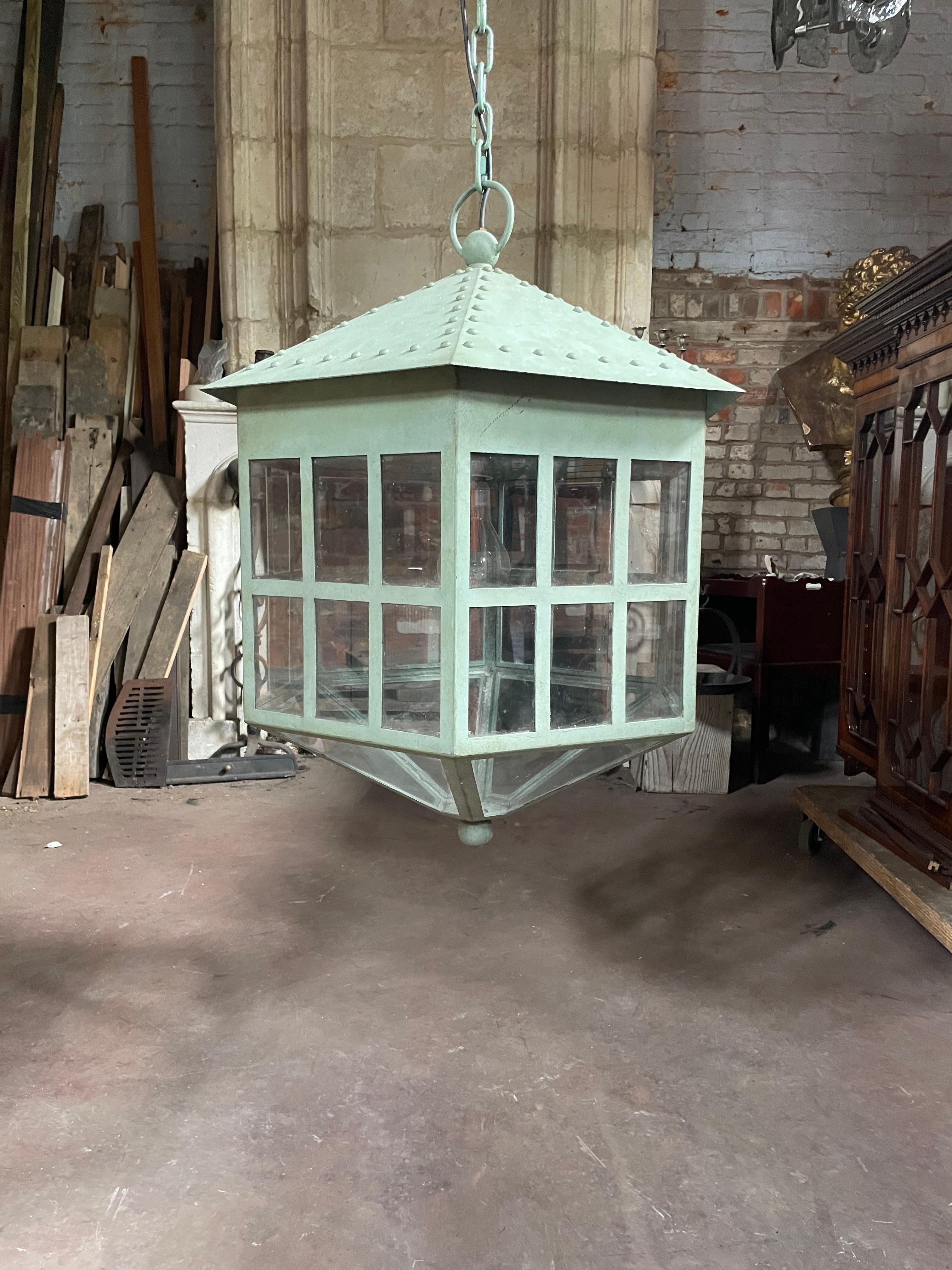 Pair of Monumental Verdi Gris 20th Century Lanterns For Sale 5