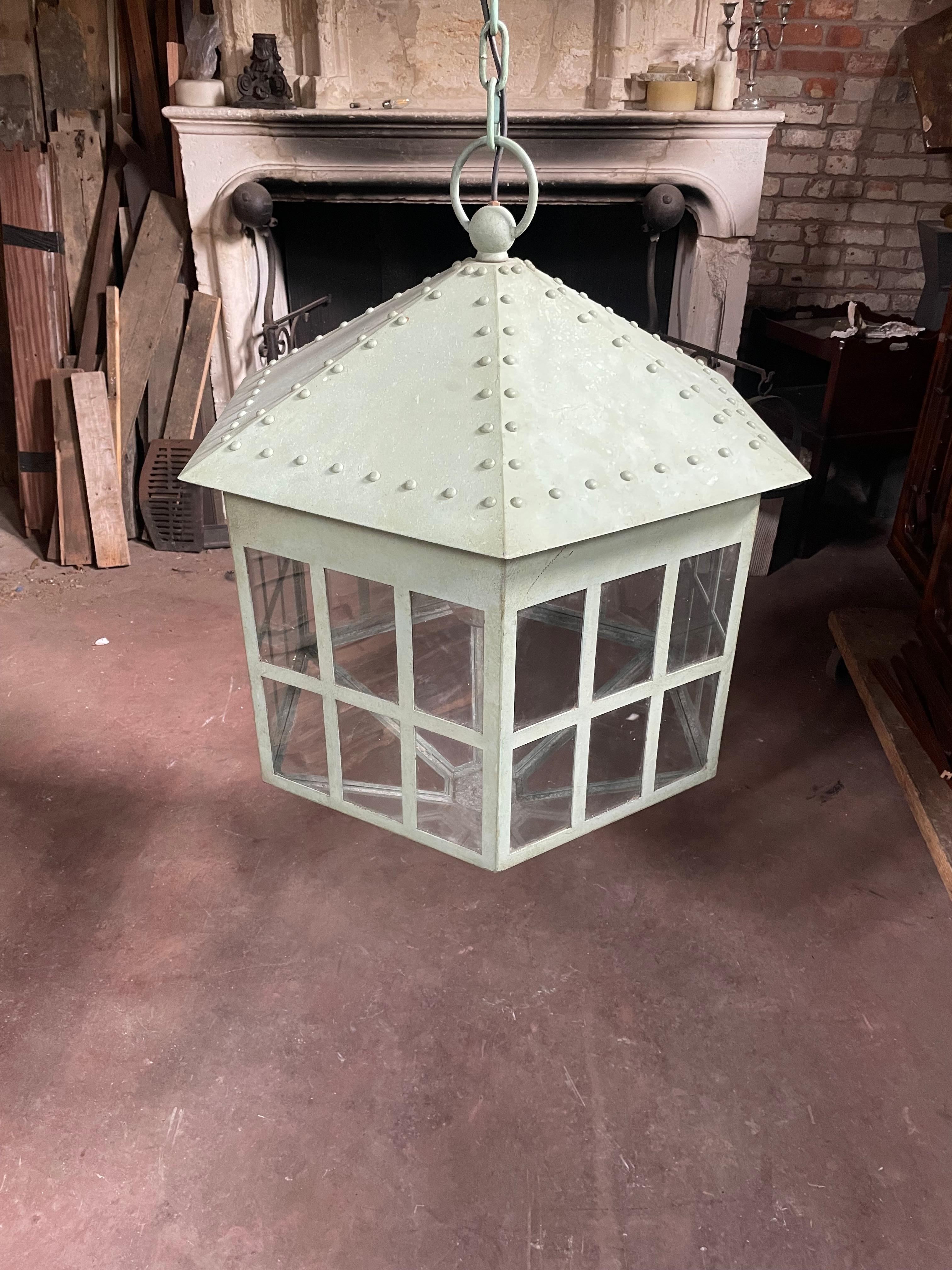 Pair of Monumental Verdi Gris 20th Century Lanterns For Sale 6