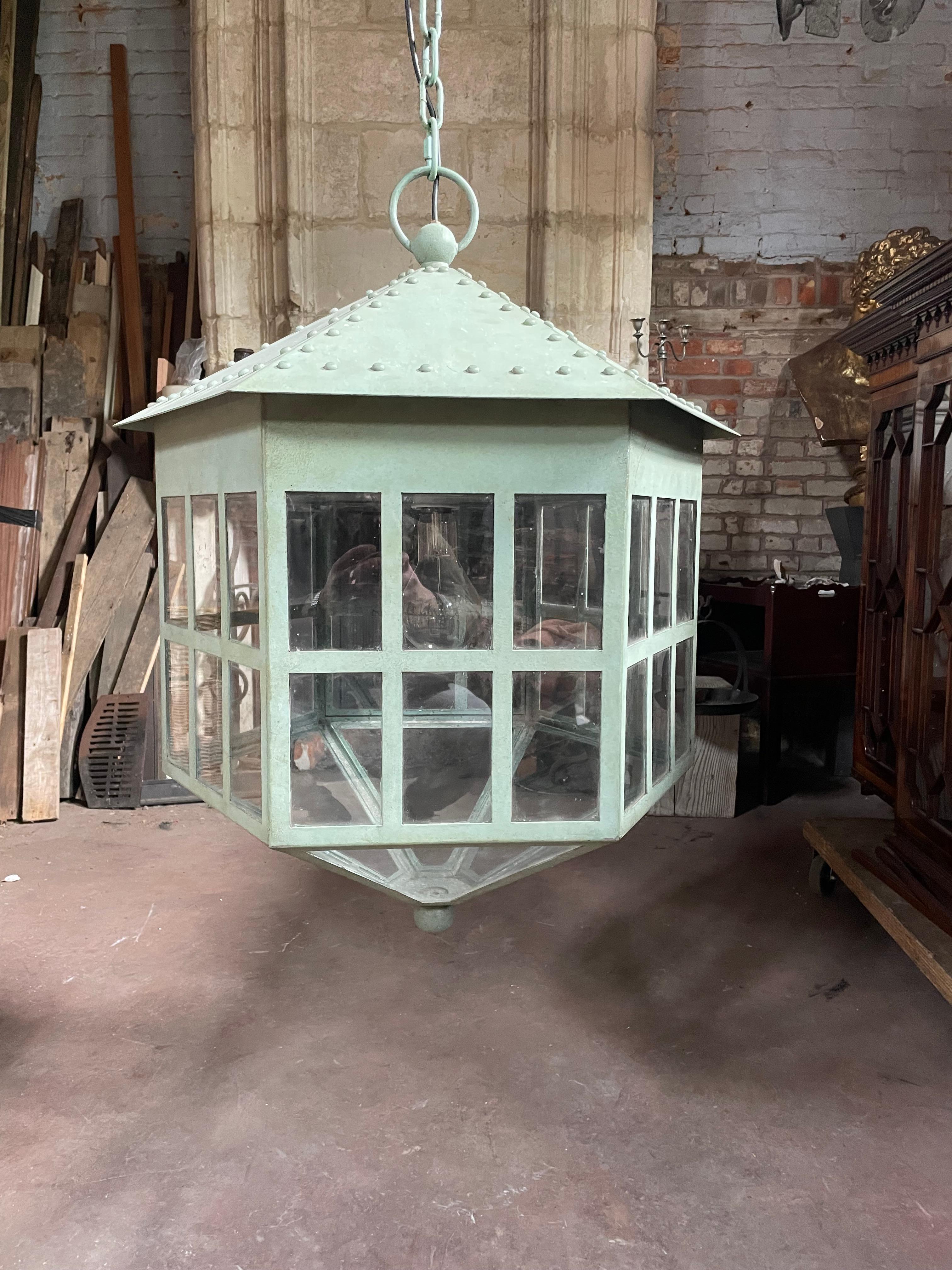 We’re lucky enough to offer this monumental pair of mid 20th century Lanterns in a stunning Verdi Gris patina.

It is not often you’re able to find lanterns of this size that is why we’re offering them separately.

Dimensions given do not include