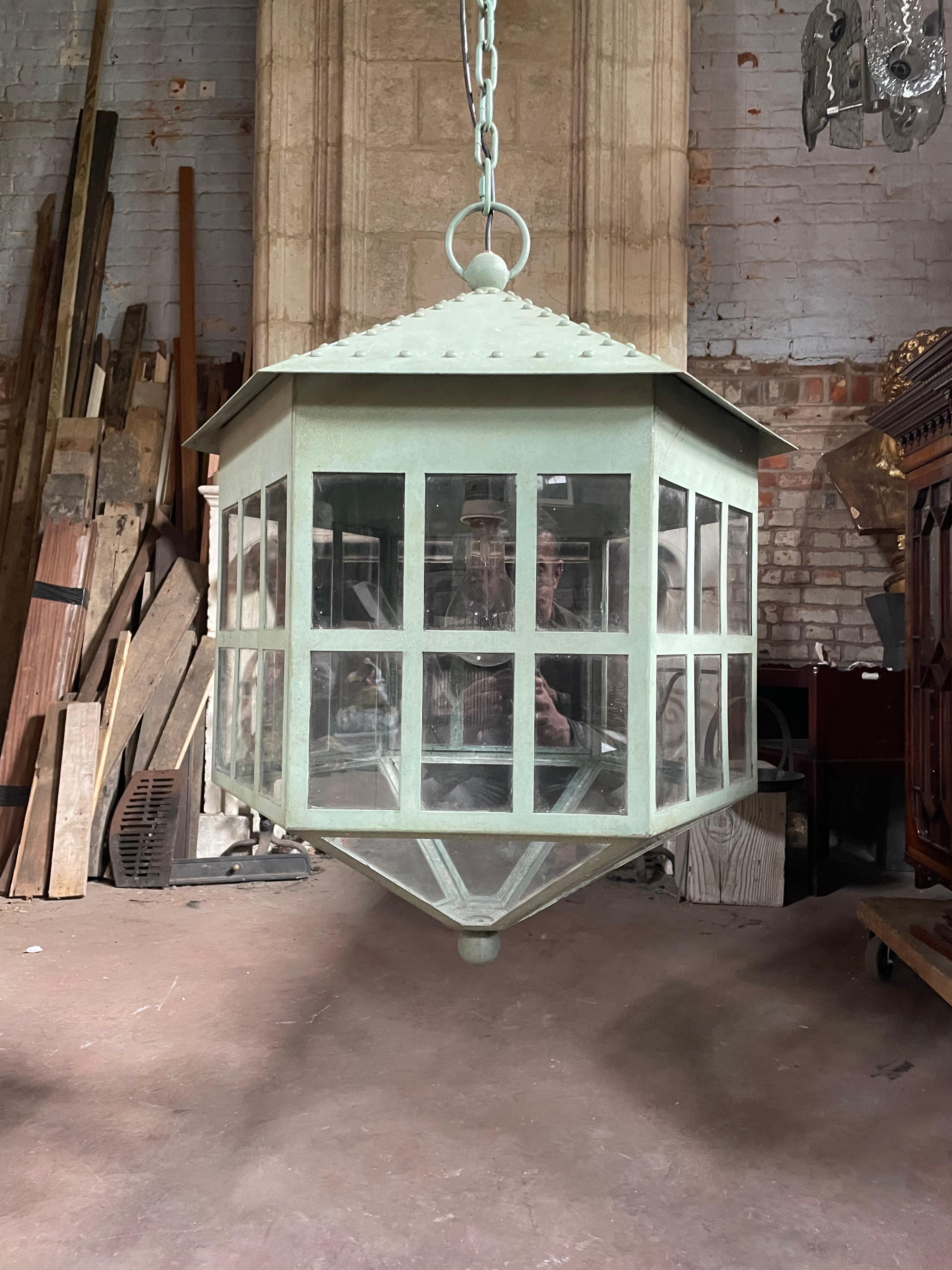 Mid-Century Modern Pair of Monumental Verdi Gris 20th Century Lanterns For Sale