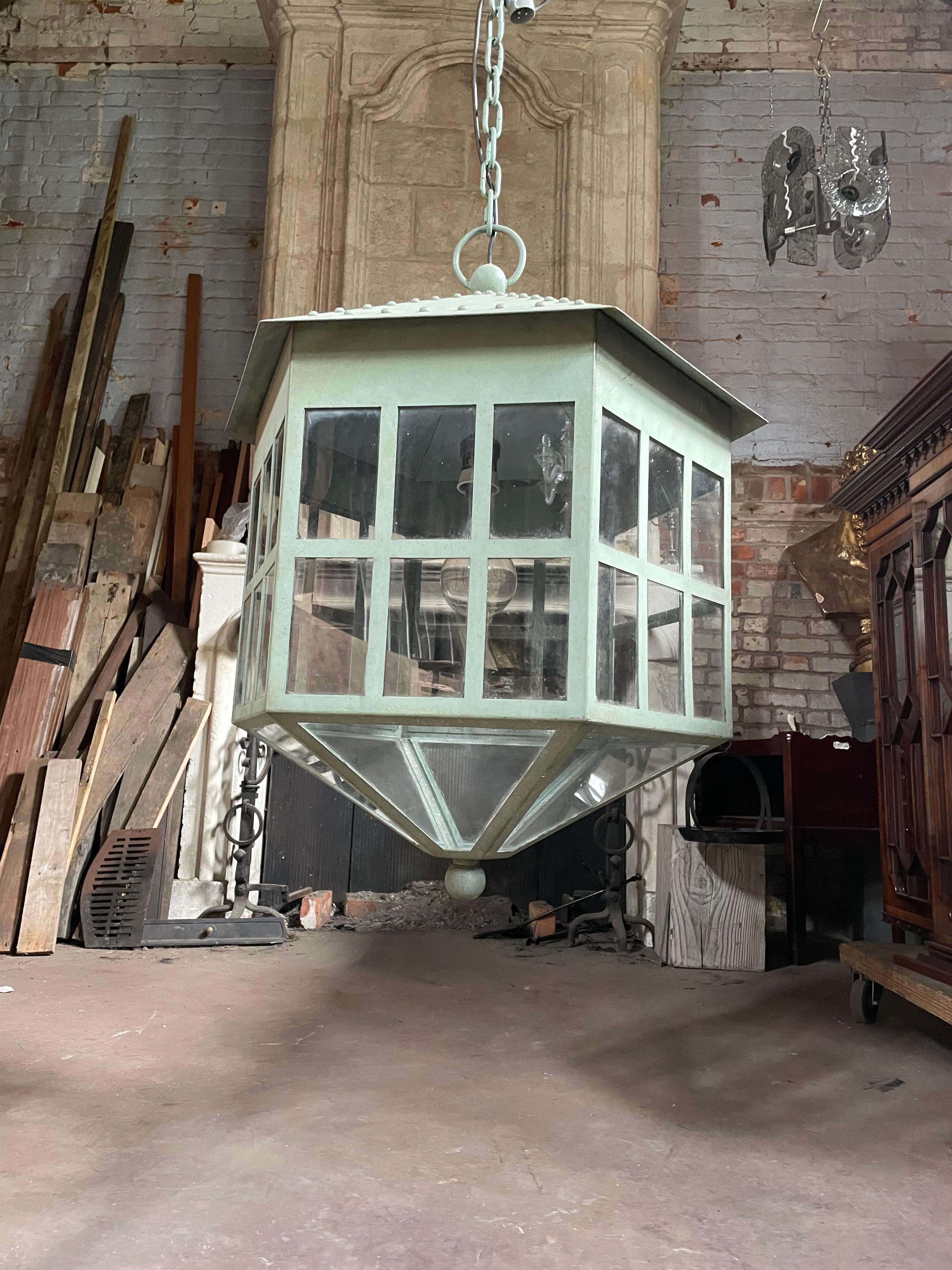 Pair of Monumental Verdi Gris 20th Century Lanterns For Sale 2