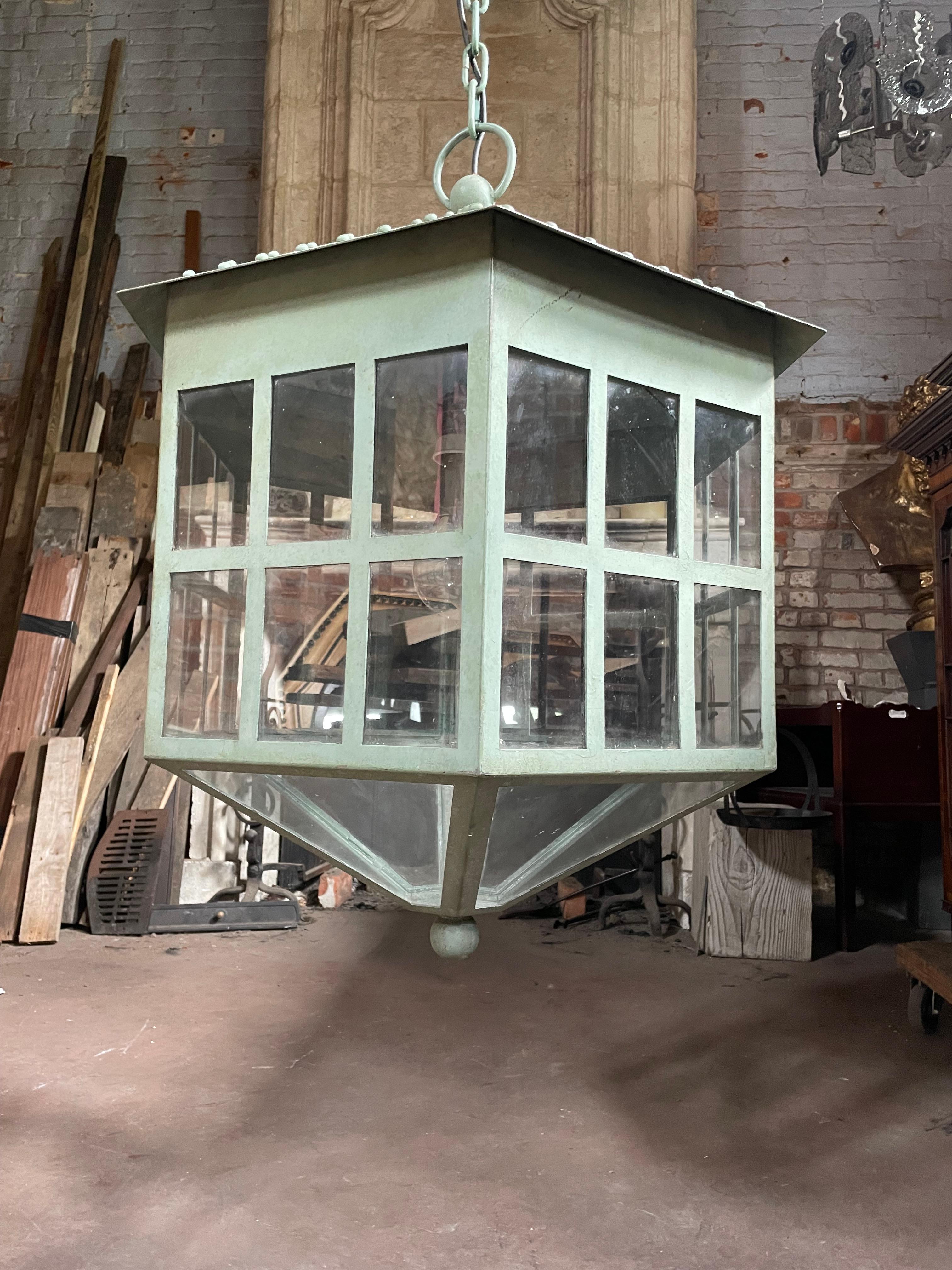 Pair of Monumental Verdi Gris 20th Century Lanterns For Sale 4