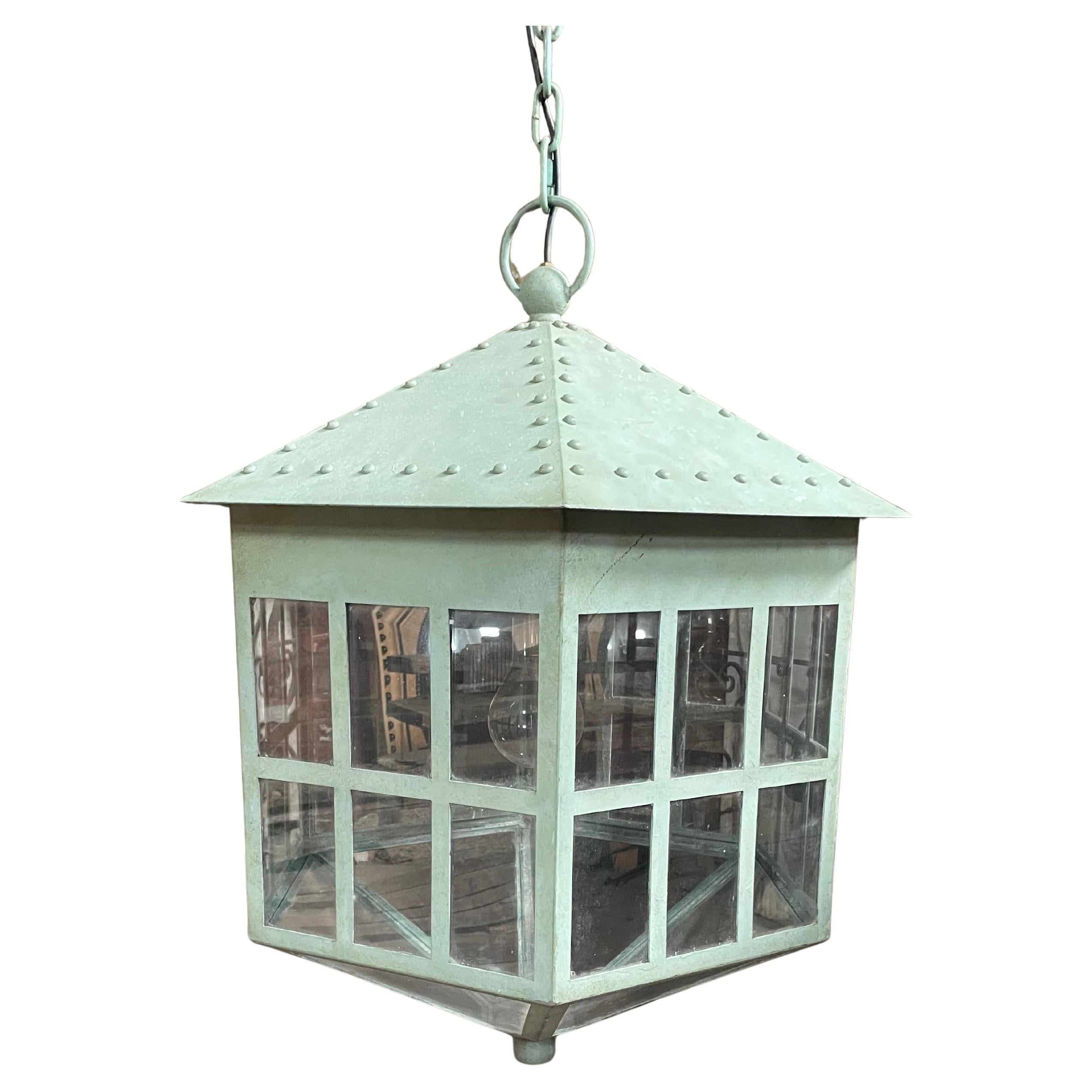 Pair of Monumental Verdi Gris 20th Century Lanterns For Sale